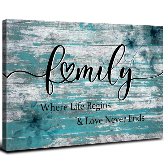 Family Wall Decor Teal Kitchen Decor for Living Room Bathroom Rustic Family Signs Canvas Prints for Home Decor Turquoise Inspirational Quotes Pictures Farmhouse Painting Artwork Home Decoration 12x16"