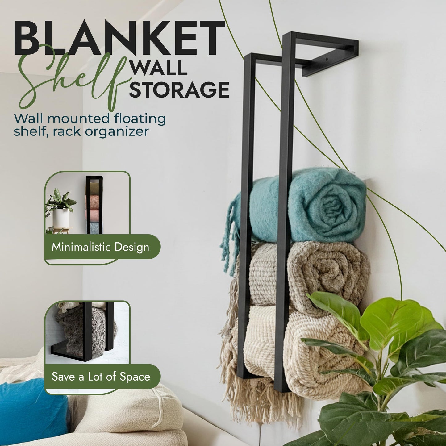 RELODECOR Blanket Wall Rack – Floating Shelf for Living Room & Bedroom, Rustic Wall-Mounted Blanket Holder, Bedding & Towel Organizer, Space-Saving, Stylish Black Design