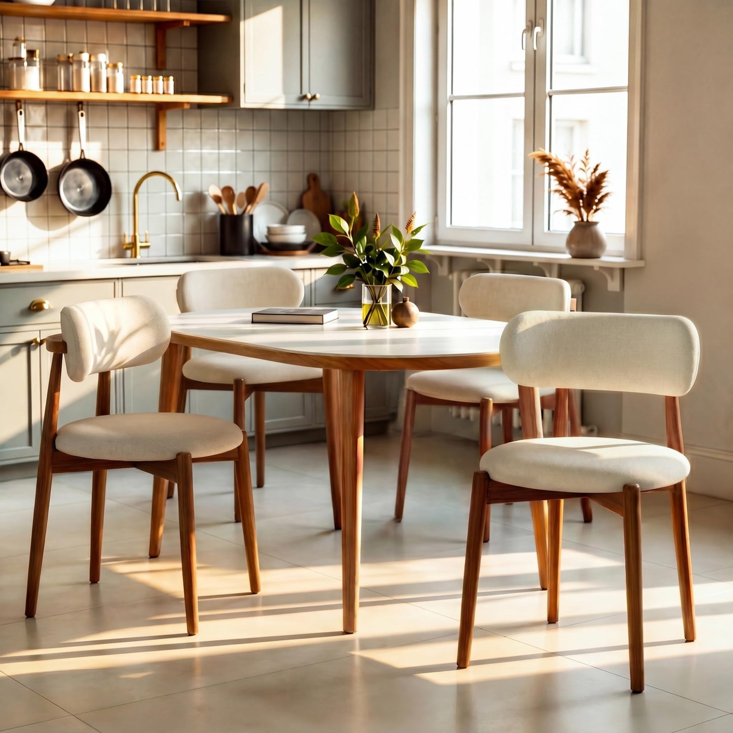 Fabulcozy Wooden Dining Chairs Set of 2, Mid Century Modern Upholstered Kitchen Chairs with Solid Wood Legs, 350lb Heavy Duty Padded Side Chairs for Dining Room & Vanity, Beige