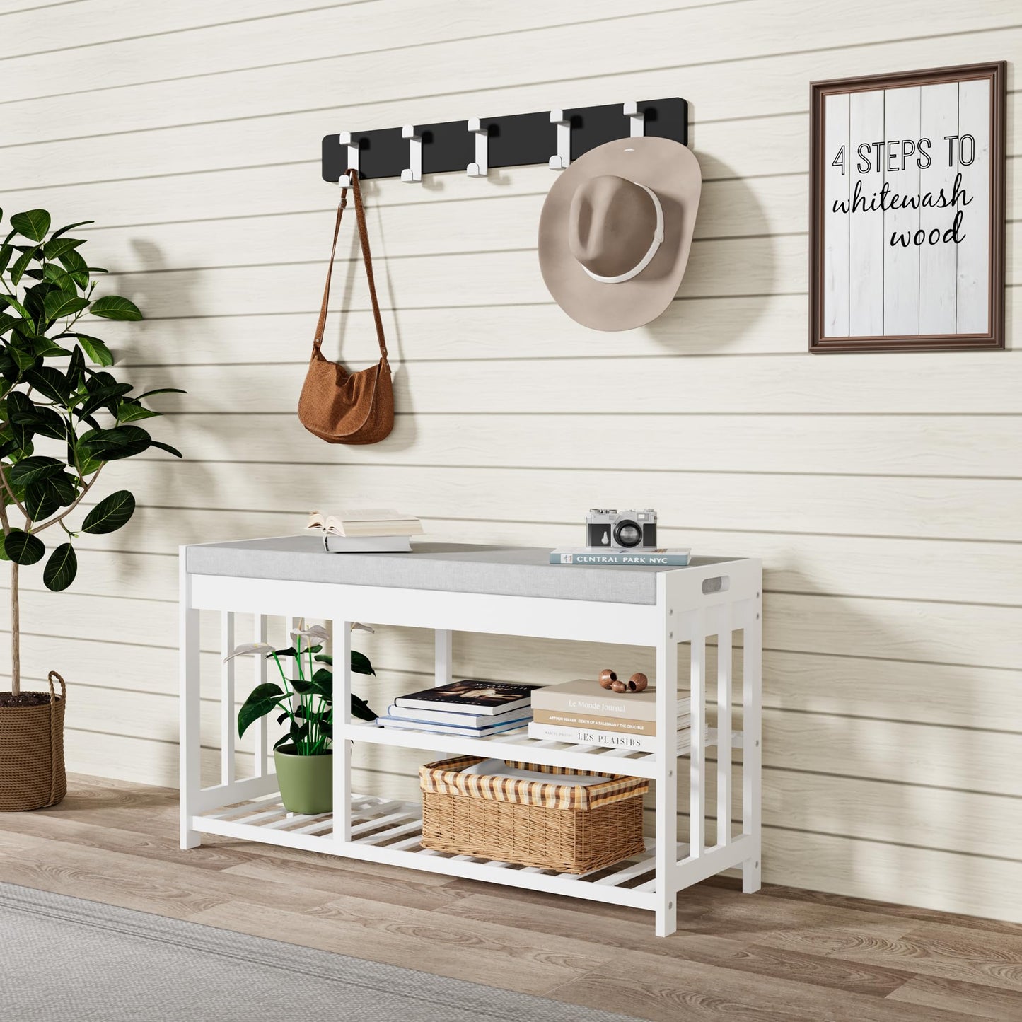 APRTAT 3-Tier Bamboo Shoe Rack Bench, Shoe Storage Organizer Bench, Entryway Benchs, Shoes Rack for Front Door Entrance, Entryway Bathroom Bedroom (White, Large)