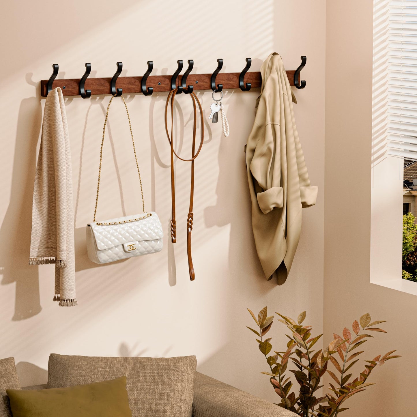 Jasopaco Solid Wood Wall Mounted Coat Rack, Heavy Duty 5 Hook Wooden Hanger with Metal Hooks for Hanging Hats, Coats, Towels, Backpack, Keys in Closet, Entryway, Bedroom, Bathroom, 2 Pack.