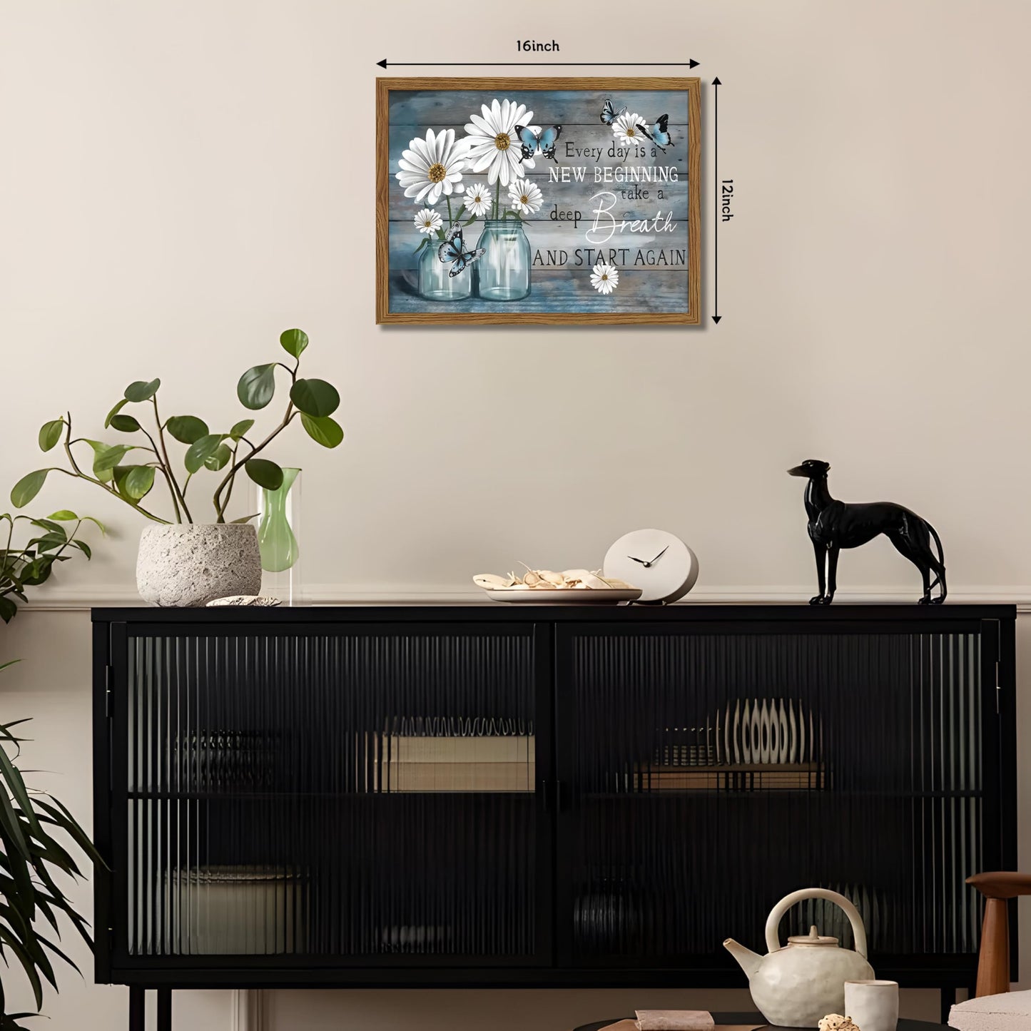 Wood Framed Daisy Butterfly Wall Art, Blue Rustic Farmhouse Canvas Wall Decor Paintings, Inspirational Flower Still Life Posters Prints Pictures for Bathroom Bedroom Home Decor 12x16 Inch