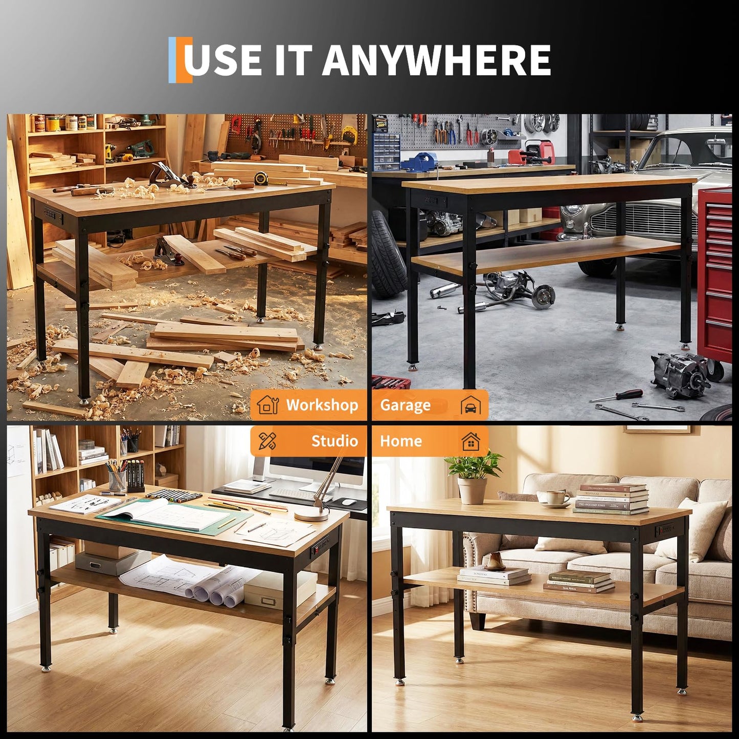 60" Adjustable Workbench with Power Outlet, Storage Shelf, 2500 LBS Work Bench 60" x 24"