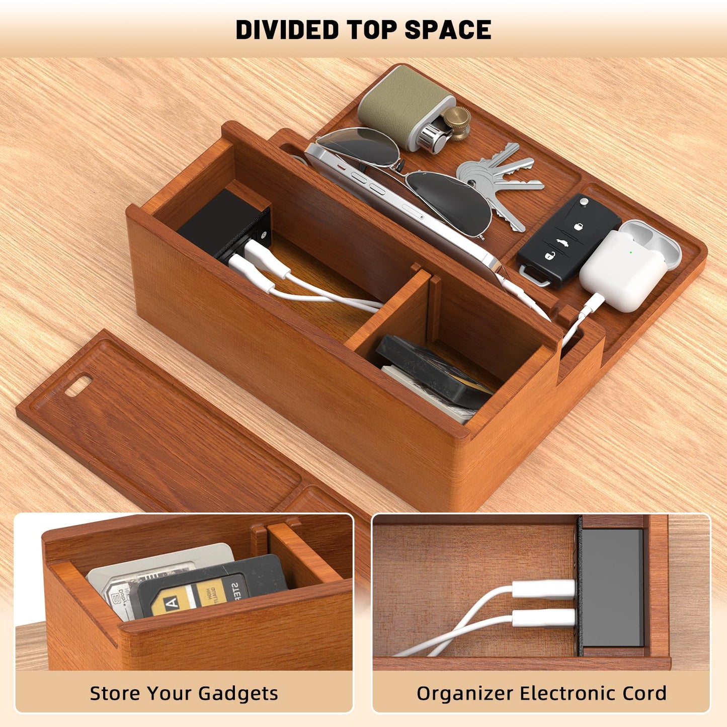 Valet Tray, Nightstand Organizer with Charging Station, Assembly-Free 3 Layer Wood Valet Tray for Men, Phone Docking Station with USB Ports for Watch, Jewelry & Accessories, Nice Gift (Stylish Brown)