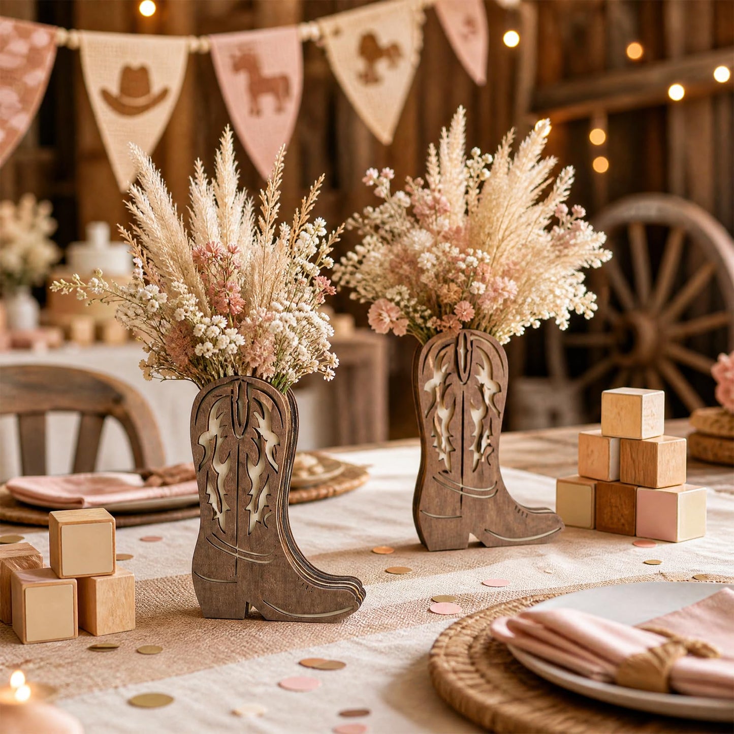 8Pack Wooden Cowboy Boot Vase 3D Hollow Carving, Western Country Boot Table Centerpiece Room Decor, Rustic Farmhouse Boho Style Fake Flower Vases for Baby Shower Wedding Dinner Party Home Decorations