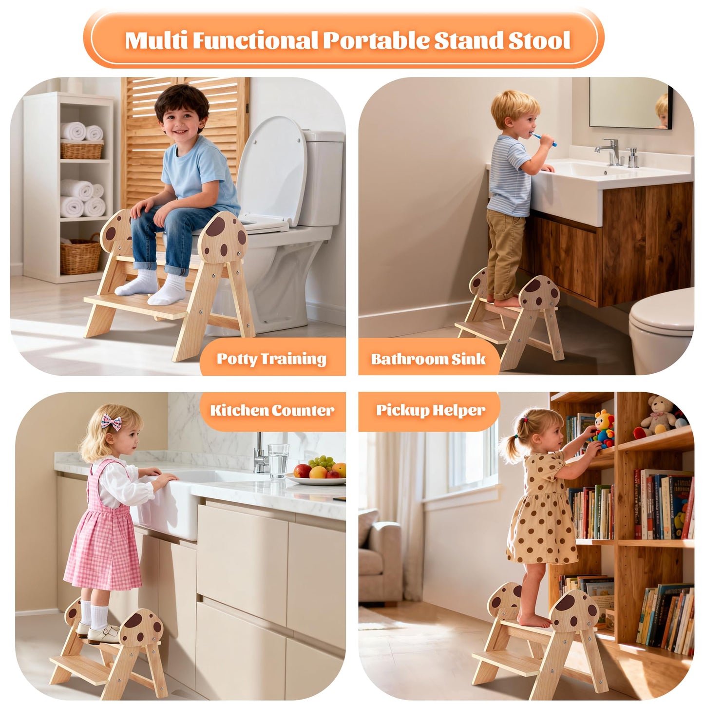 Novarieth Beech Wooden Toddler Step Stool, 2-Step Foldable Stool for Kids with Non-Slip Surface, Baby Bathroom Stool for Potty Training, Bathroom Sink, Kitchen Counter with Cute Mushroom Design