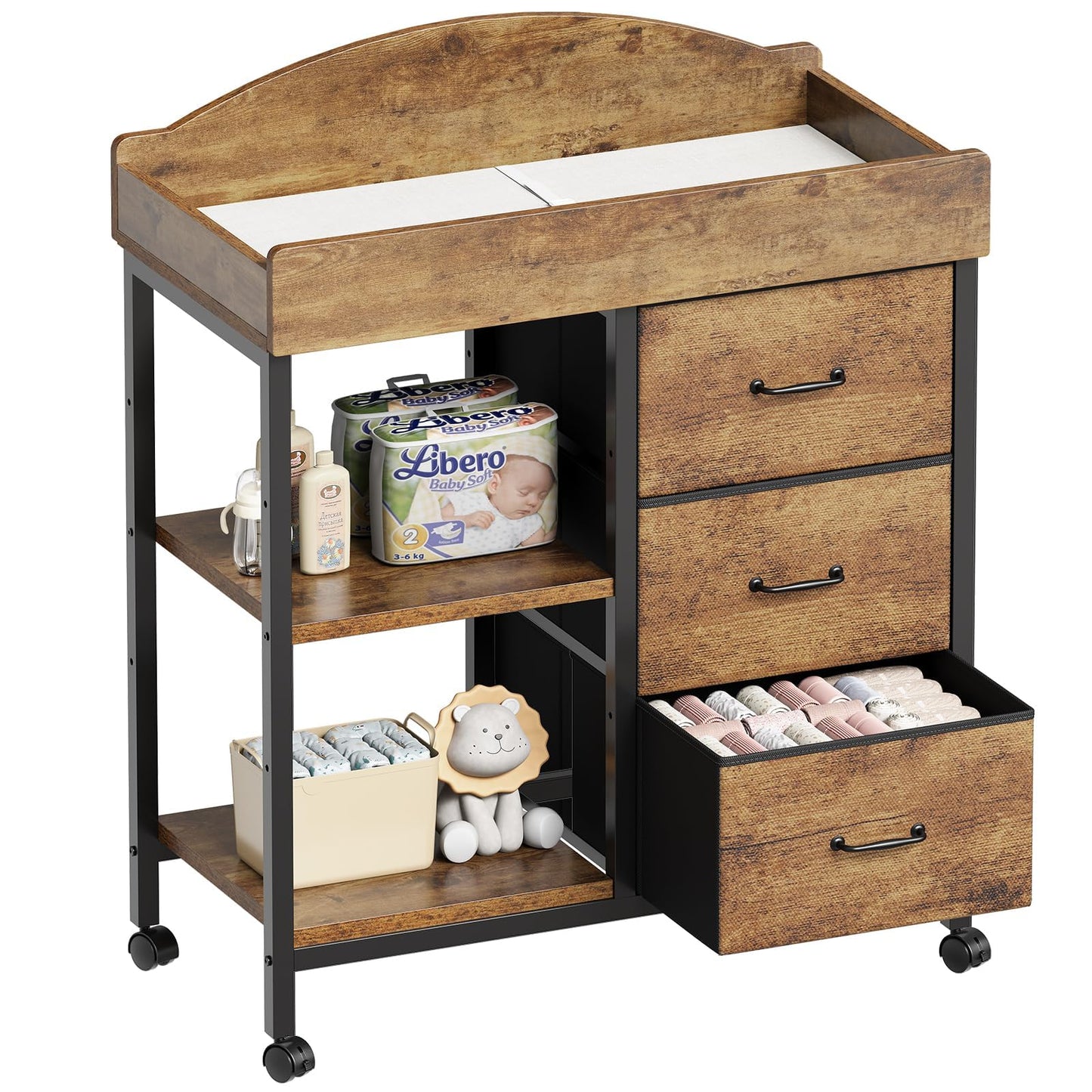 YeTom Changing Table Dresser, Baby Dresser with 3 Fabric Drawers and 2 Shelves, Multi-Functional Baby Changing Table with Pad, Classic Nursery Dresser, Diaper Changing Station, Rustic Brown