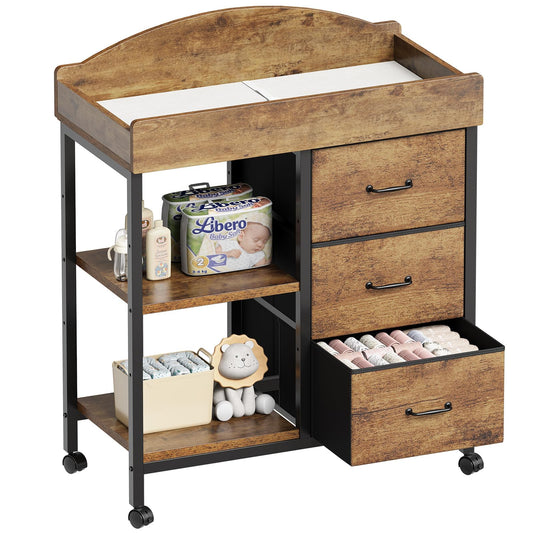 YeTom Changing Table Dresser, Baby Dresser with 3 Fabric Drawers and 2 Shelves, Multi-Functional Baby Changing Table with Pad, Classic Nursery Dresser, Diaper Changing Station, Rustic Brown