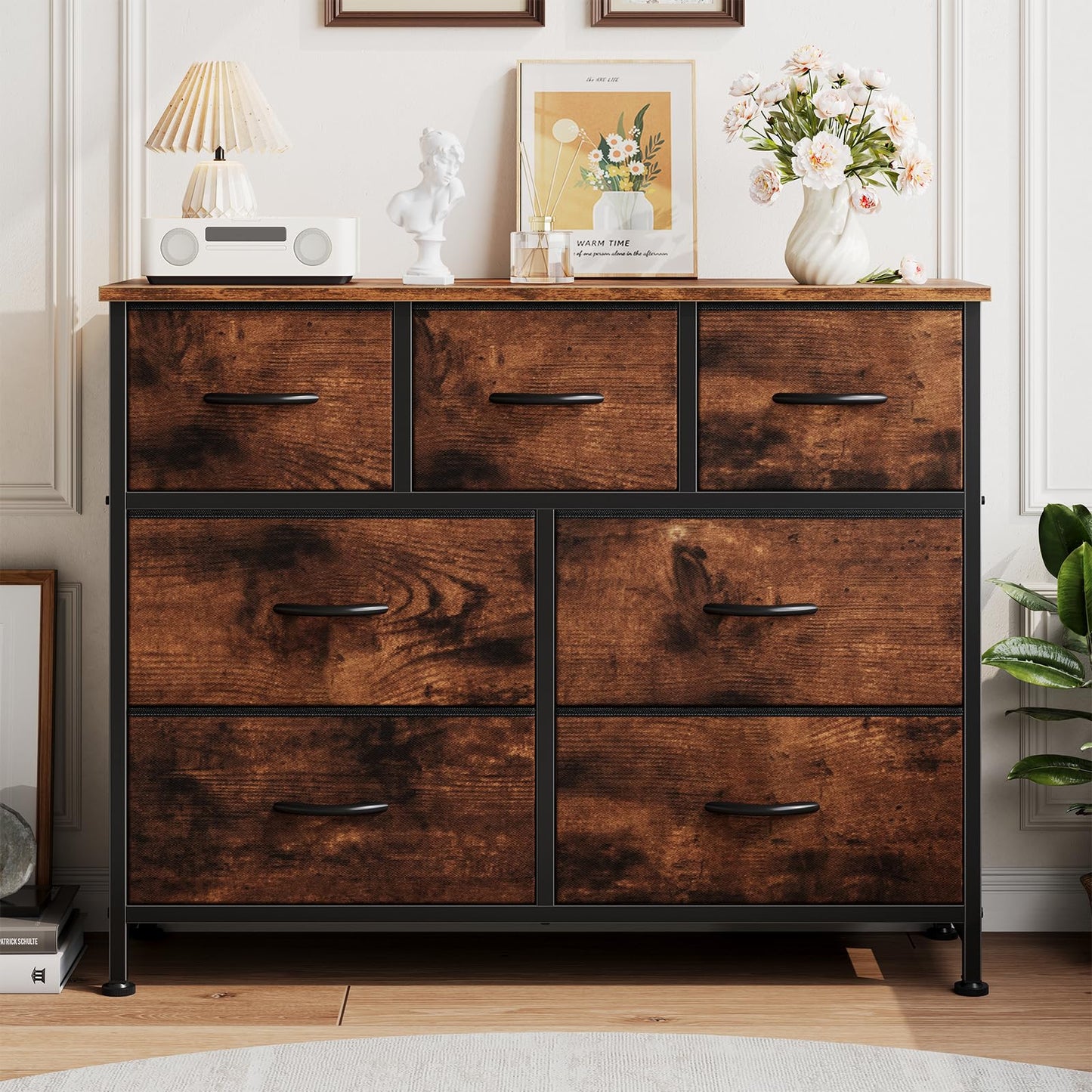 HAPPYMONT Fabric Dresser for Bedroom with 7 Drawers, Chest of Drawers, Wood Top and Metal Frame Organizer for Clothes, Closet, Entryway, Hallway, Living Room Furniture