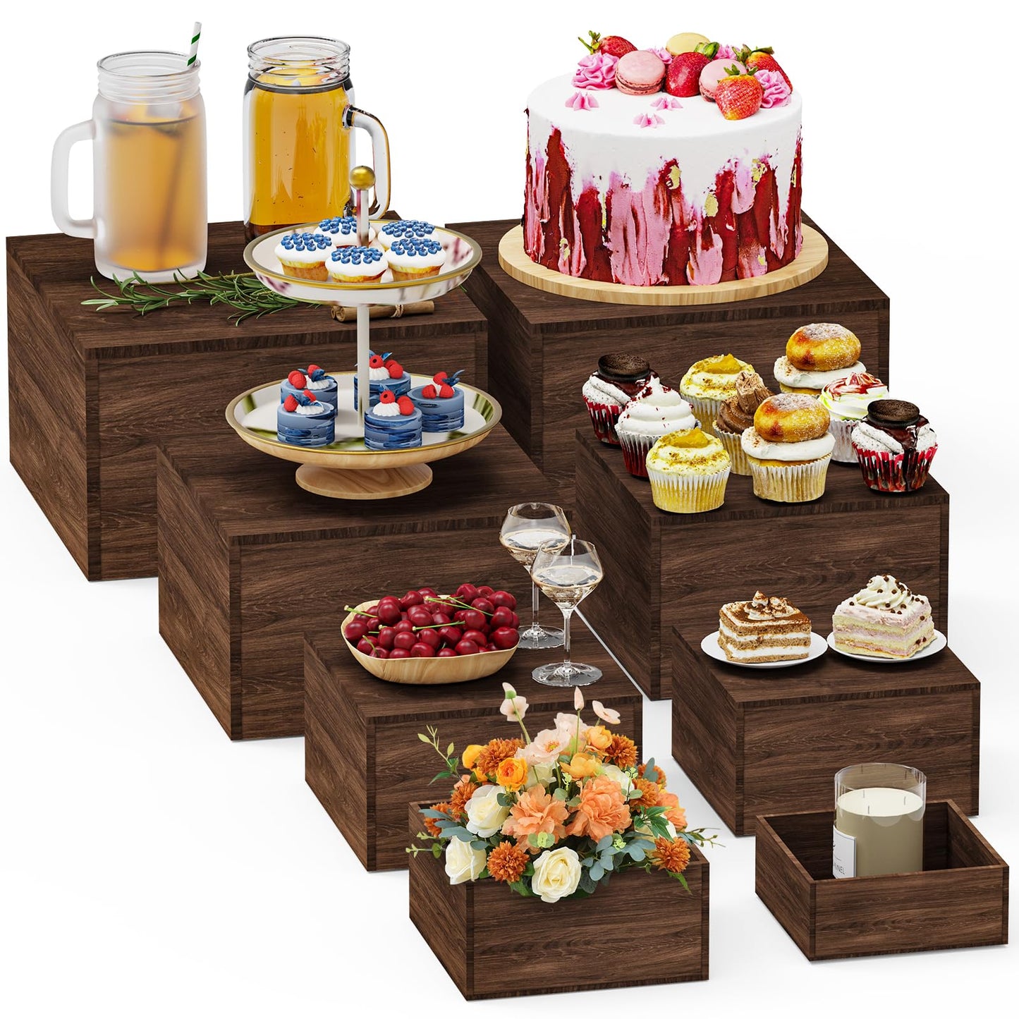 VANITURE 8 PCS Wooden Buffet Risers, Rustic Wood Cake Cupcake Stands, Square Food Risers for Buffet Table, Catering Dessert Table Display Set, Stackable Wooden Crates for Party, Decor, Wedding, Birthday