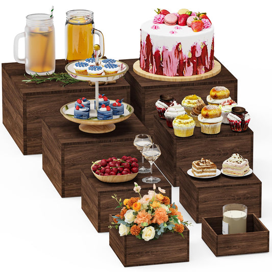 VANITURE 8 PCS Wooden Buffet Risers, Rustic Wood Cake Cupcake Stands, Square Food Risers for Buffet Table, Catering Dessert Table Display Set, Stackable Wooden Crates for Party, Decor, Wedding, Birthday