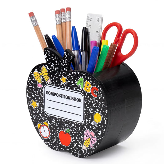 MALLMALL6 Wooden Pencil Holder - Back To School Pen Desk Organization, Black Wood Desk Caddy Case for Teacher Student, Desktop Storage Organizer for Classroom Office Home