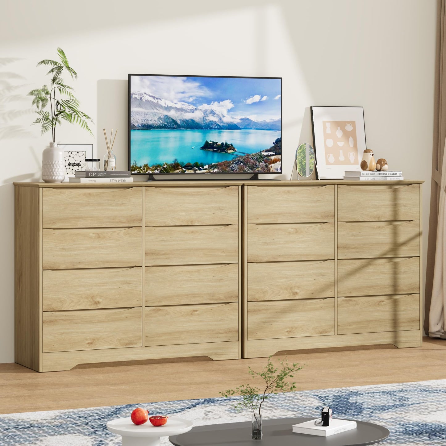Garvee Wooden Dresser with 8 Drawers, Tall Modern Closet with Deep Storage, Large Chest of Drawers with Wide Top, Long Storage Dresser for Bedroom, Living Room, Hallway, Kids Room, Natural