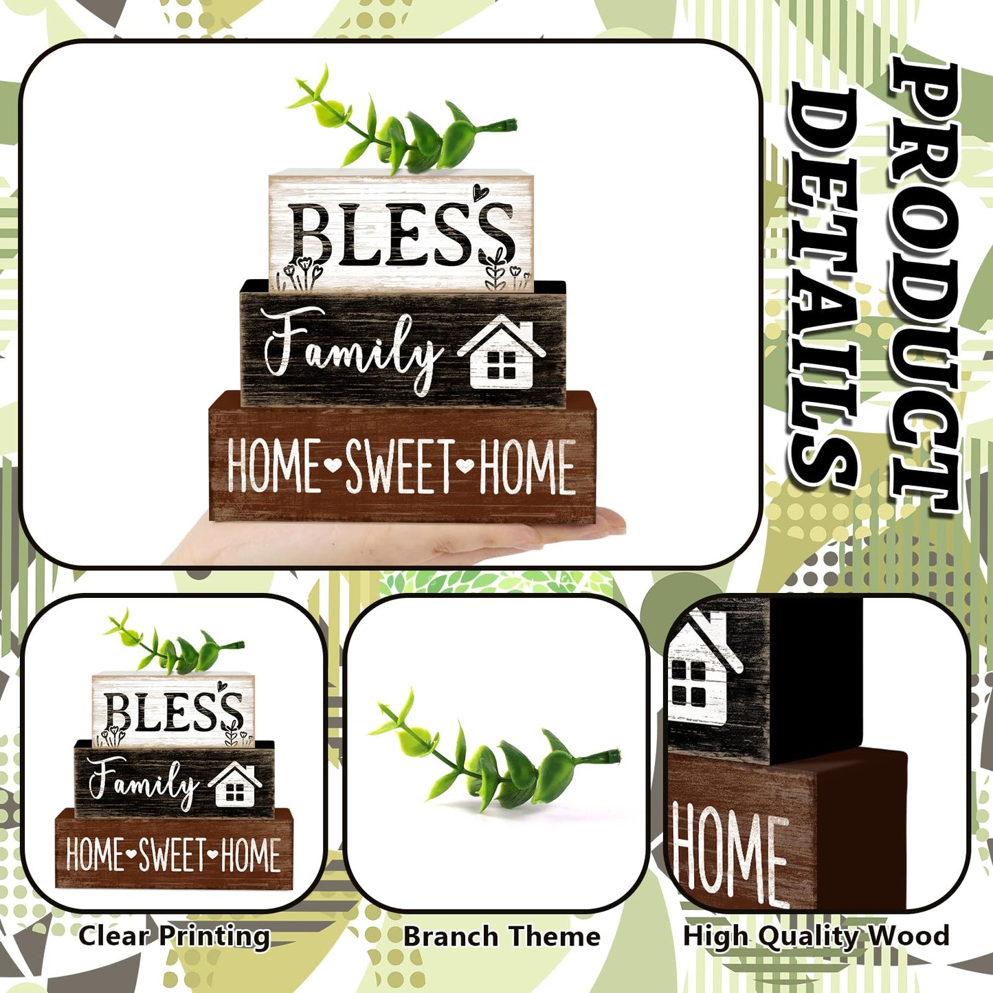 TOMPOP 4 Pcs Sweet Home Wooden Table Decor Eucalyptus Leaves Tabletop Sign Farmhouse Tiered Tray Decorations Family Wood Block Stack Sign Gift for Home Fireplace Mantel (Leaf)