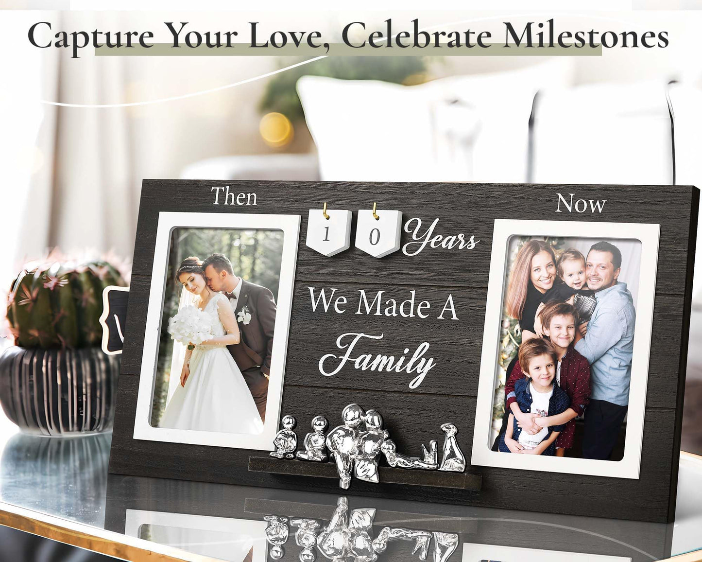 DREAMORIE Then & Now Anniversary Picture Frame with Tin Family Figurines – Rustic Wooden 1-99 Years Wedding Gift for Couples, Custom Number Tiles