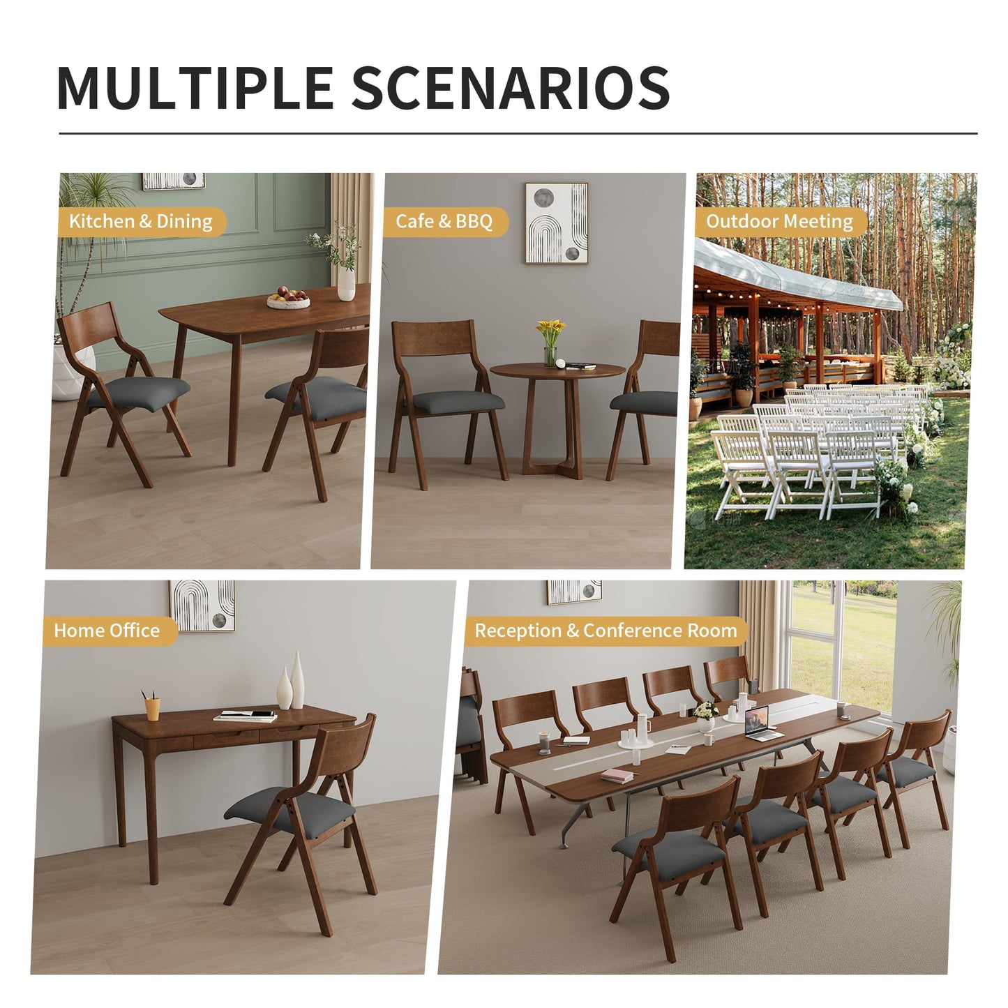 Ball & Cast Upholstered Folding Dining Chairs Set of 2, Foldable Wooden Chair 2-Pack, Portable Office-Chair for Kitchen Outdoor Activity, Easy Carry & Storage, Walnut+Grey