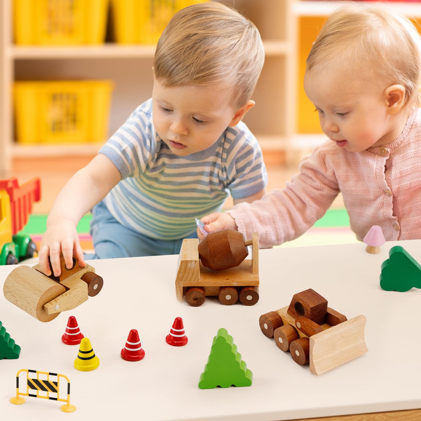 MONT PLEASANT Wooden Construction Vehicle Toy Set of 3, Toddler Montessori Toys Cement Truck Bulldozer Steam Roller Toy Car with Rolling Wheels, Kid Construction Toys Educational Gift for Boys & Girls