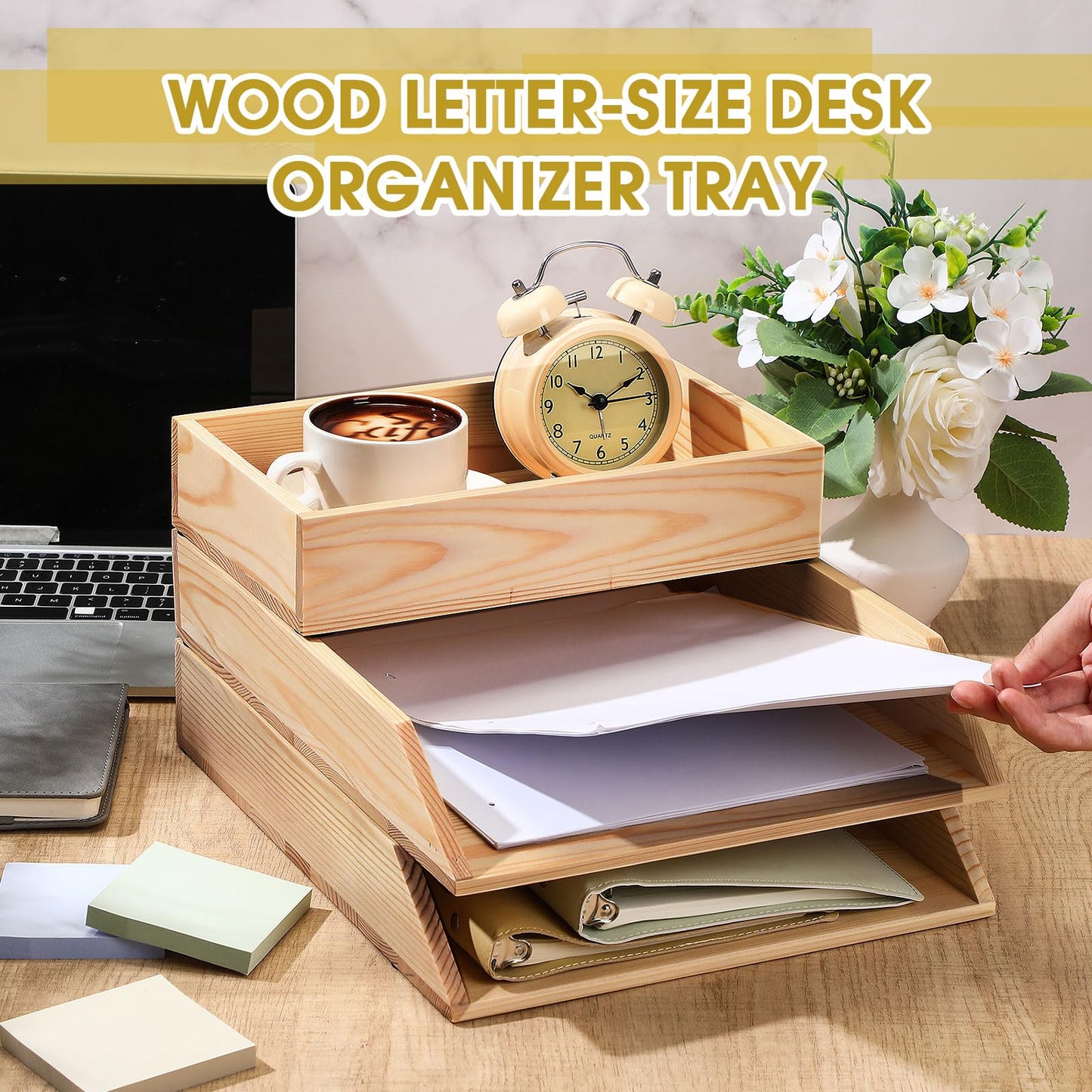 Beeveer 3 Pcs Wooden Letter Tray Wood Letter-Size Desk Organizer Heavy Duty 3 Tier Stackable Support Paper Tray Tabletop Inbox Drawer Desktop File Folder Magazine Office Back to School(Light Brown)