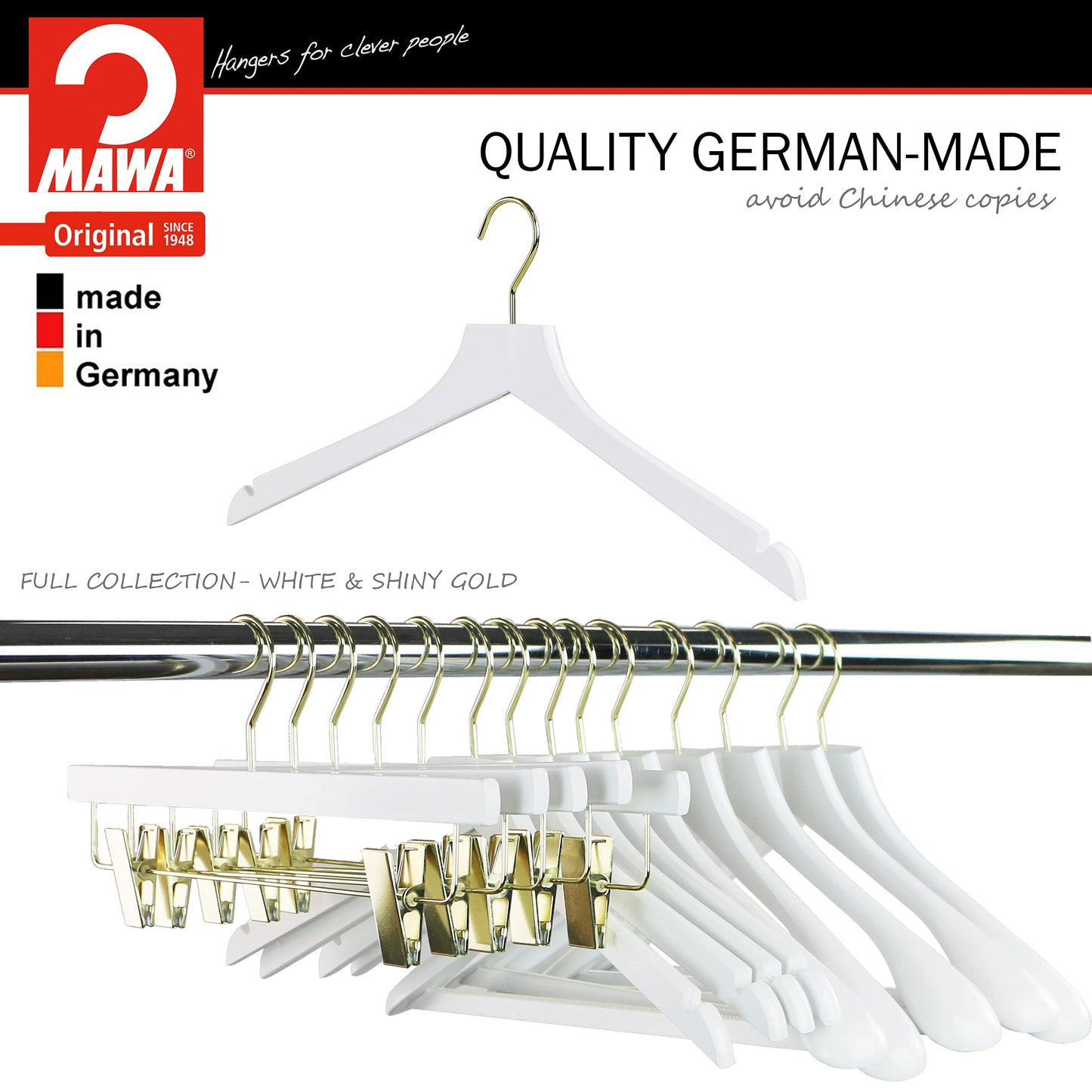 MAWA by Reston Lloyd, European Wooden Hanger, Beech Wood Straight Hanger with Shoulder Notches, Rotating Gold Hook, White Finish, for Shirts, Blazers, Dress Clothes, Set of 5 (27135)