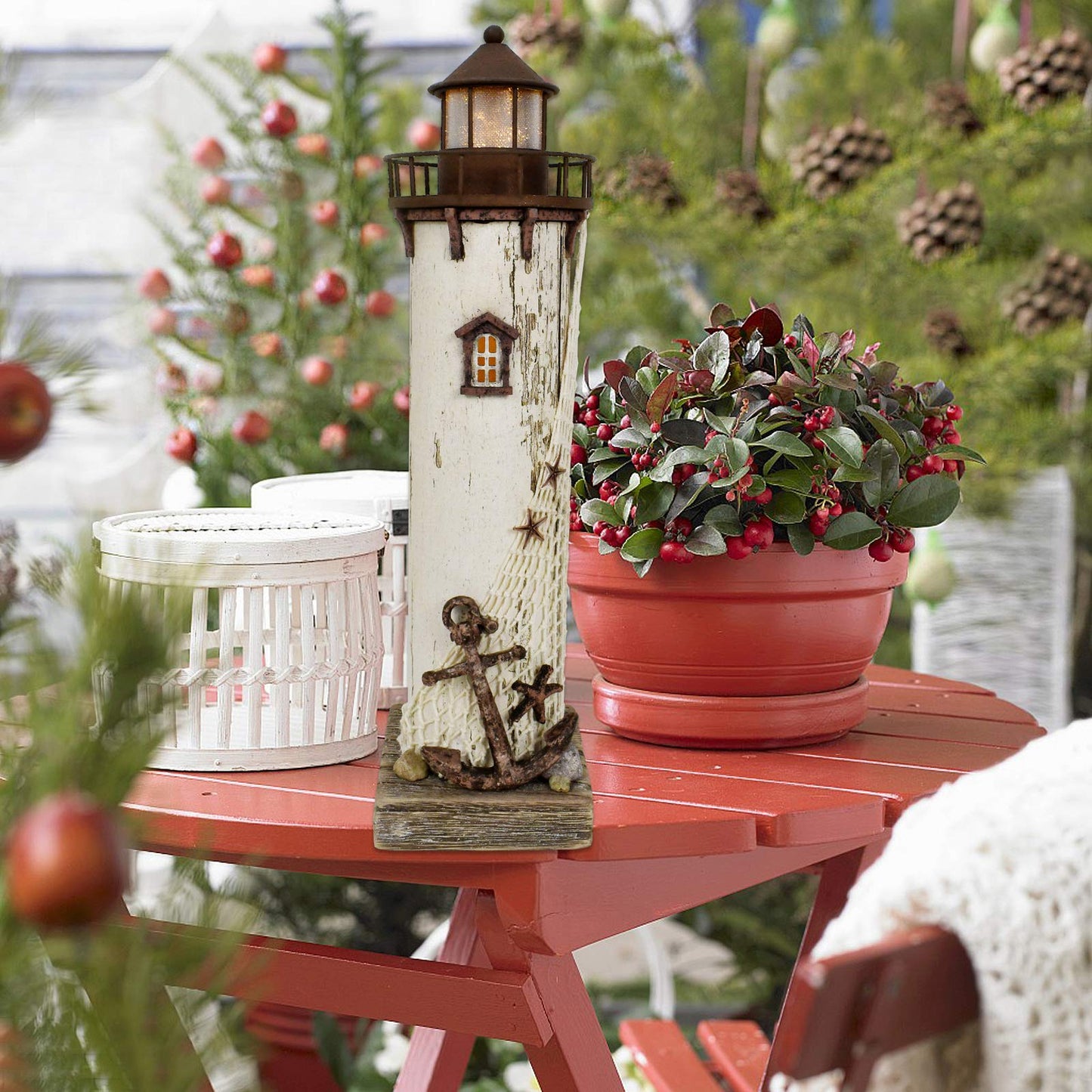 E-view Wooden Lighthouse Nautical Tabletop Figurine Beach Themed Ornaments with Starfish - Lighted Tower Light Wood Home Décor Party Decoration