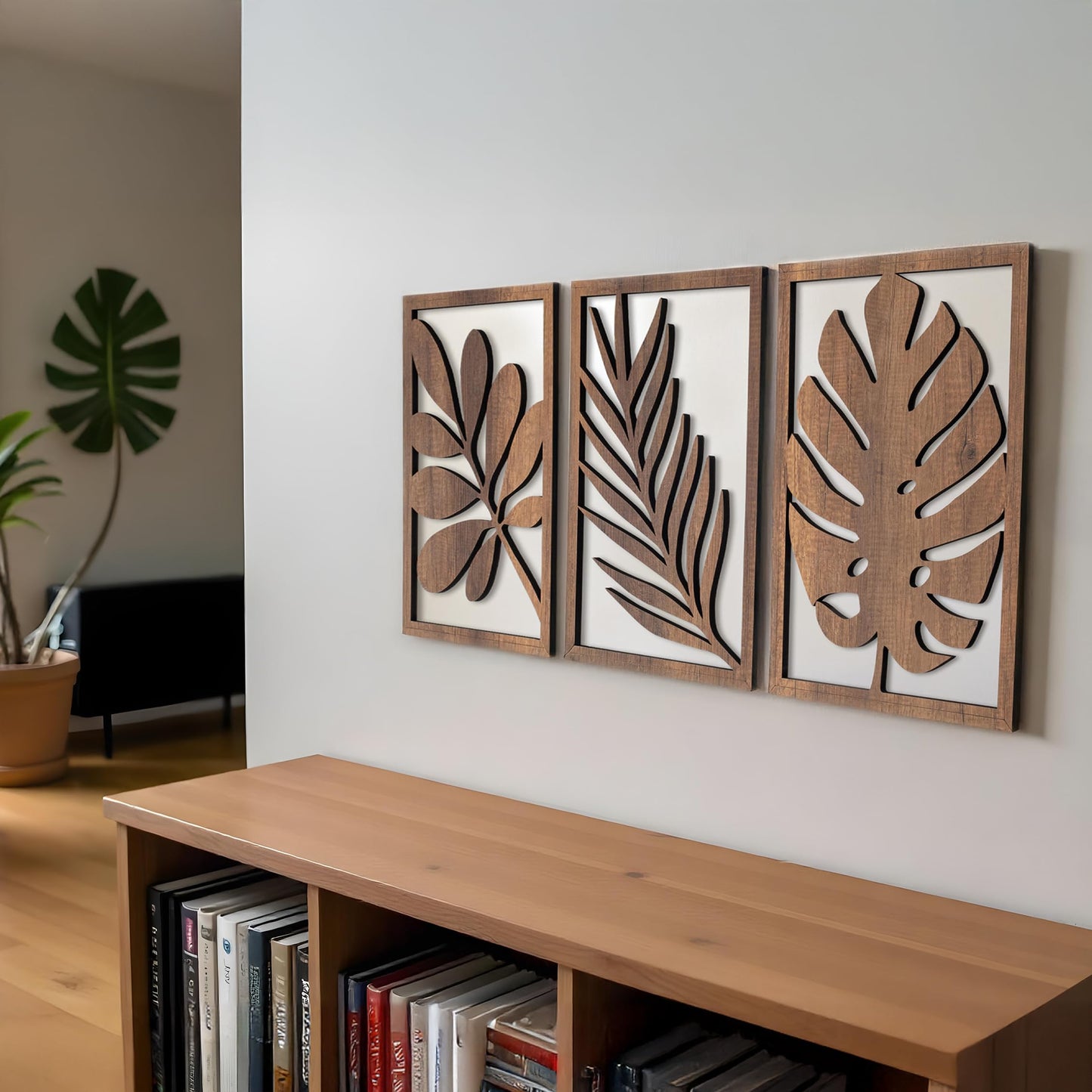 qmmp Modern Wooden Wall Sculptures - Set of 3 - Home Decor Accent - Large Wall Art for Living Room, Bedroom, Office - Easy Installation (Walnut, Medium - Tree Leaves)