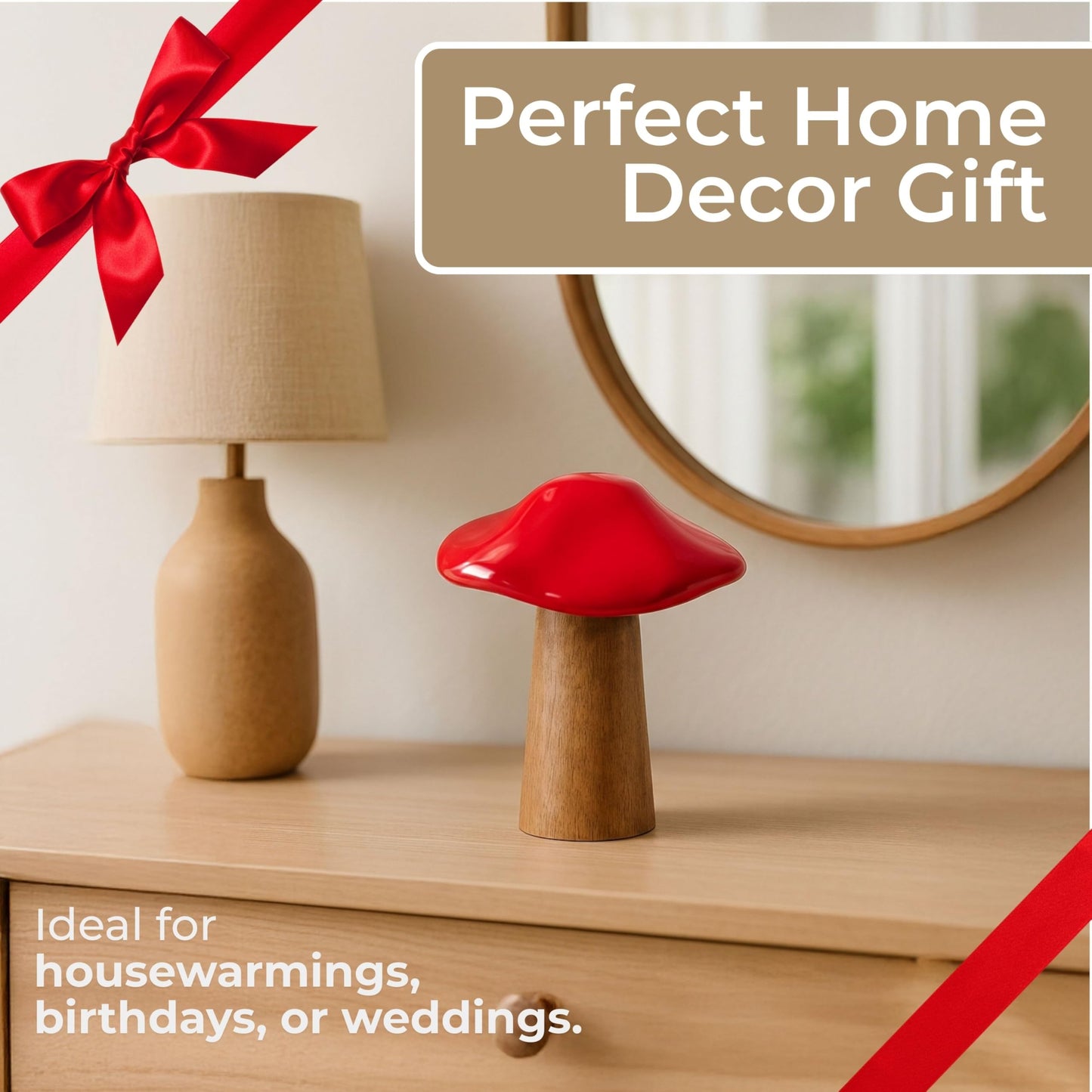 Wooden Mushroom Figurine Sculpture – Artful Accent for Room Decor and Boho Home Decor, for Shelf, Desk, or Tabletop Display, with Playful Nature-Inspired Design Detail – 6", Rustic Wood and Red