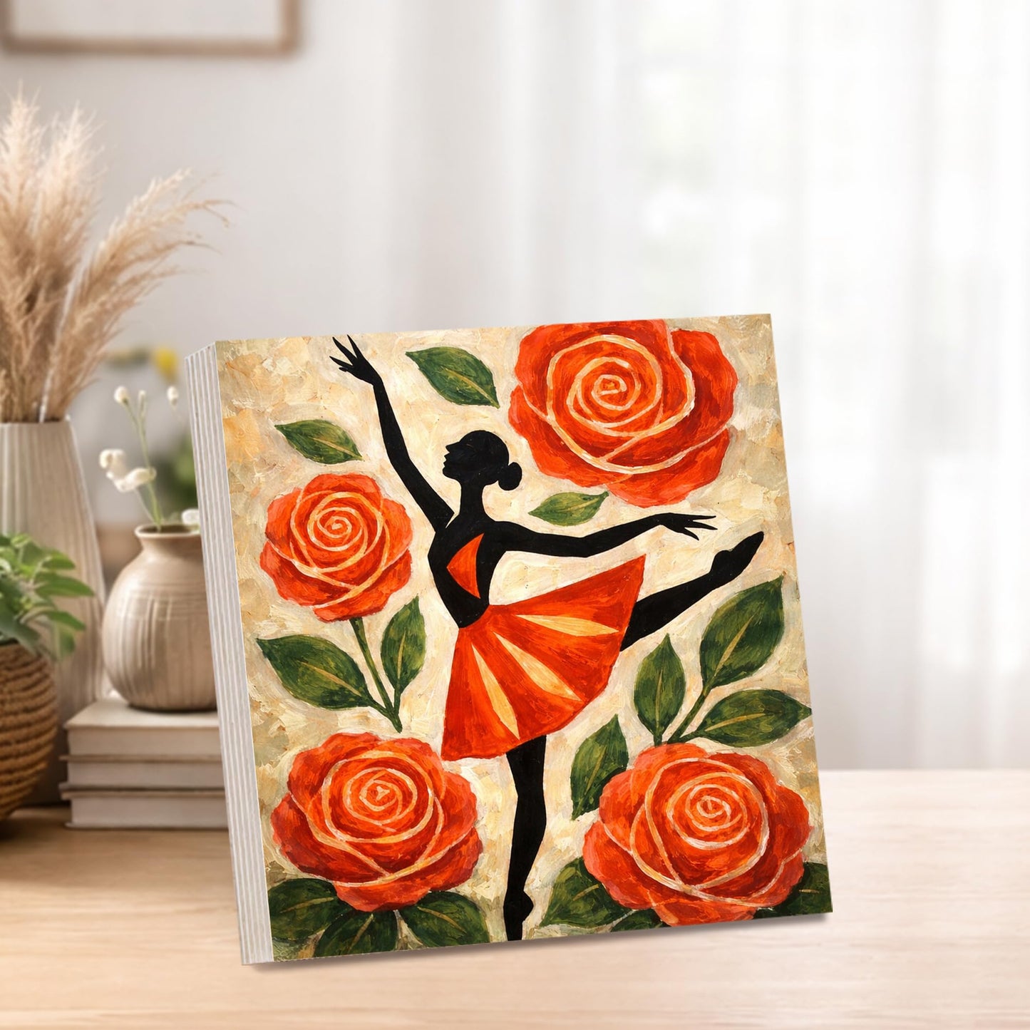 Dancer Floral Wooden Block Sign, Feminine Ballet Art Decor, Red Rose Dance Illustration Shelf Sitter, Elegant Home Table Mantel Tiered Tray Gift for Dance Lover