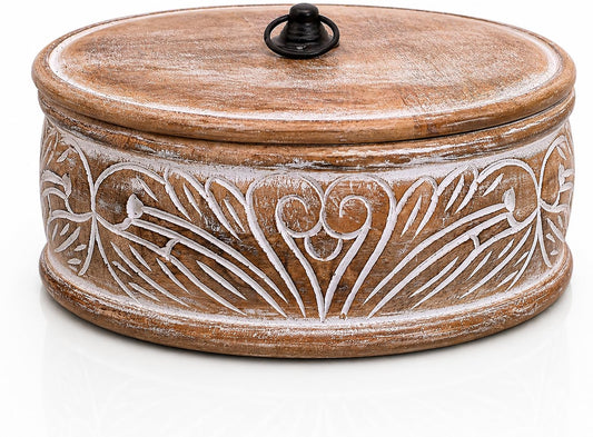 Handcrafted Wooden Mexican Tortilla Warmer Basket Indian Chapati Roti Bread Holder Box Pancake Keeper Serveware Hot Pot Casserole Dish With Lid Home Kitchen Dining Decor, Natural Brown, 9 x 3.5 Inches