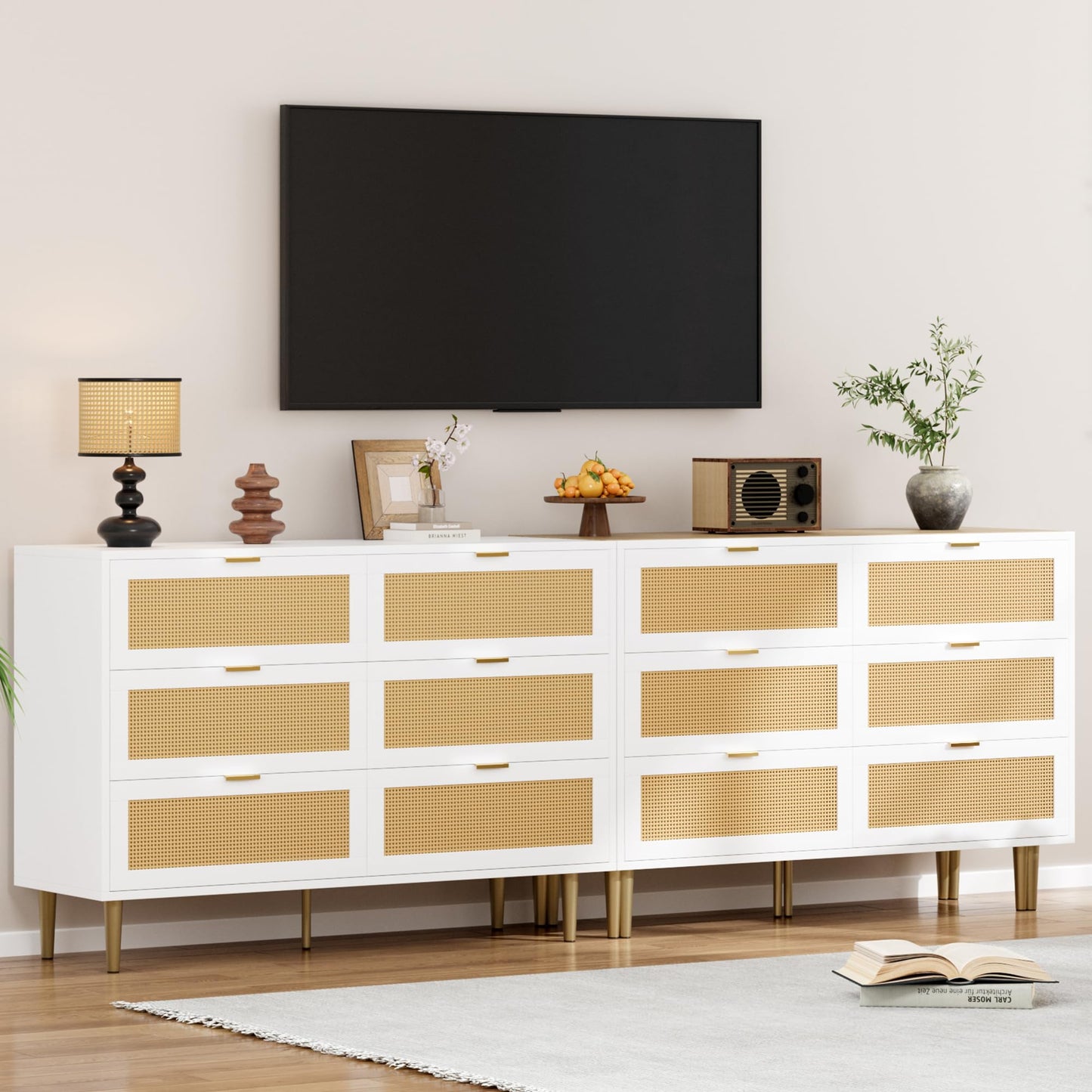 Garvee Rattan 6 Drawer Dresser, 42.5''W Wood Dresser, Chest of Drawers with Gold Legs and Handles, Double Dressers with Large Tabletop and Anti-Tipping Design for Bedroom, White