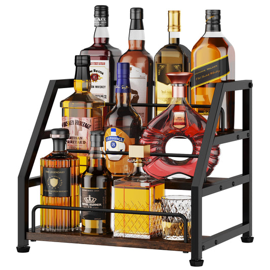 HapiRm Liquor Bottle Display Shelf - 3-Tier Stepped Liquor Cabinet Bar with Protective Fence, Countertop Wine Rack for Home