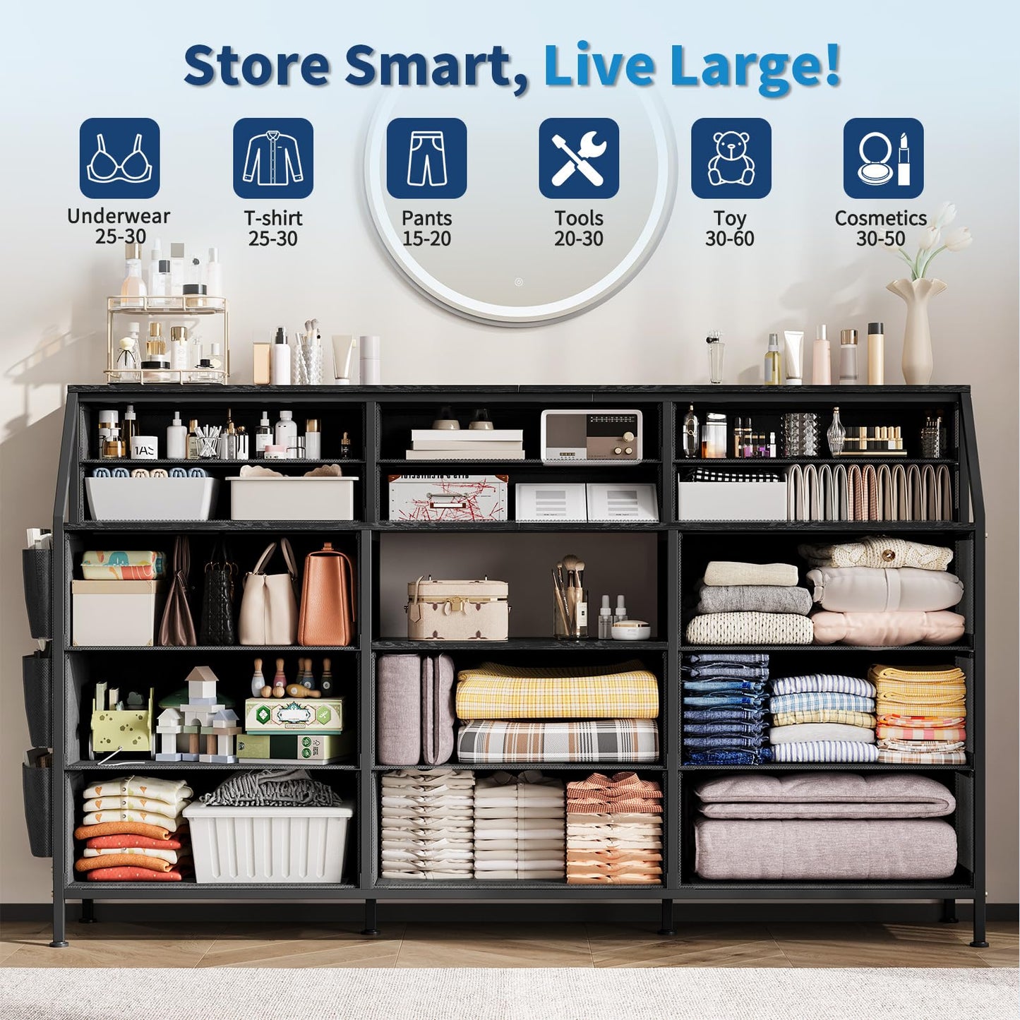 GarveeHome Dresser for Bedroom with 14 Drawers, 55 in W Dresser with Side Pocket, Fabric Dressers & Chests of Drawers with Shelves, Sturdy Frame, Wood Top