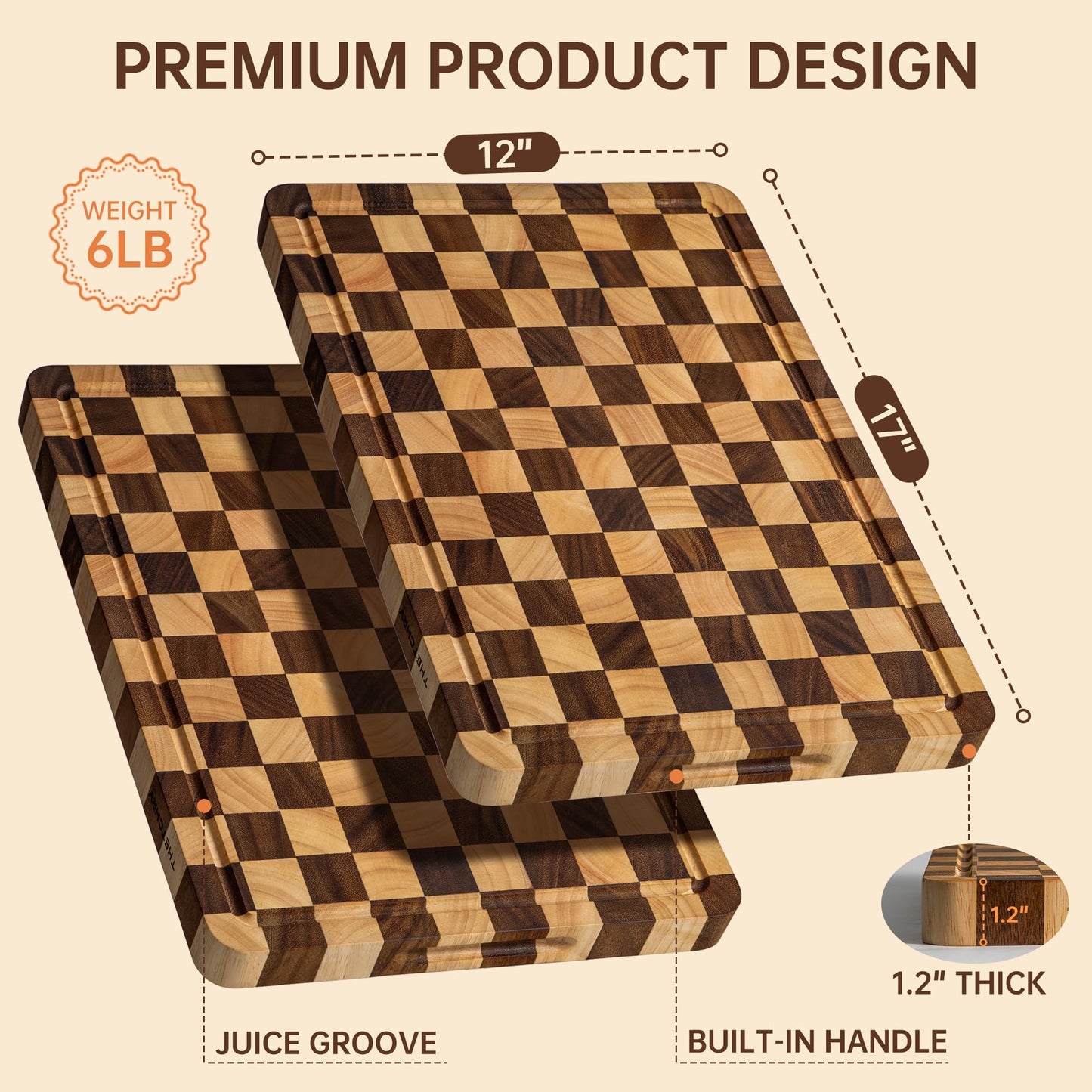 FYCTIO Wooden Cutting Boards for Kitchen, Checkered Cutting Board 1.2" Thickened, Walnut Chopping Board with Juice Grooves & Handles, Double-sided Butcher Block with Gift Box, 17" x 12"
