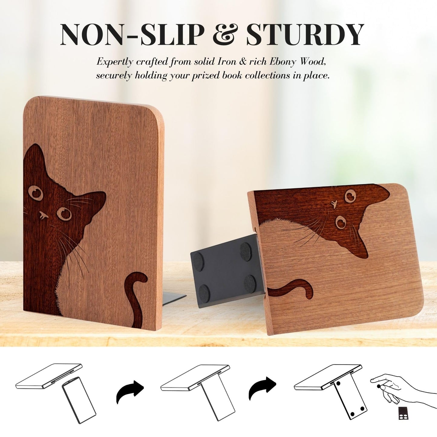 INNObeta Decorative Wooden Book Ends, Animal Bookends, Heavy Duty Bookends for Shelves Unique Design(1 Pair, 4.72x6.69 Inches) - Cattail