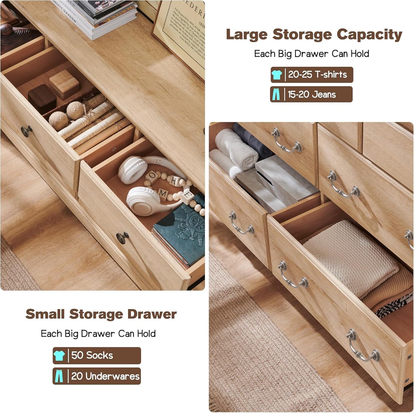 T4TREAM 54" Wide 7 Drawers Dresser Chests for Living Room, Natural Oak