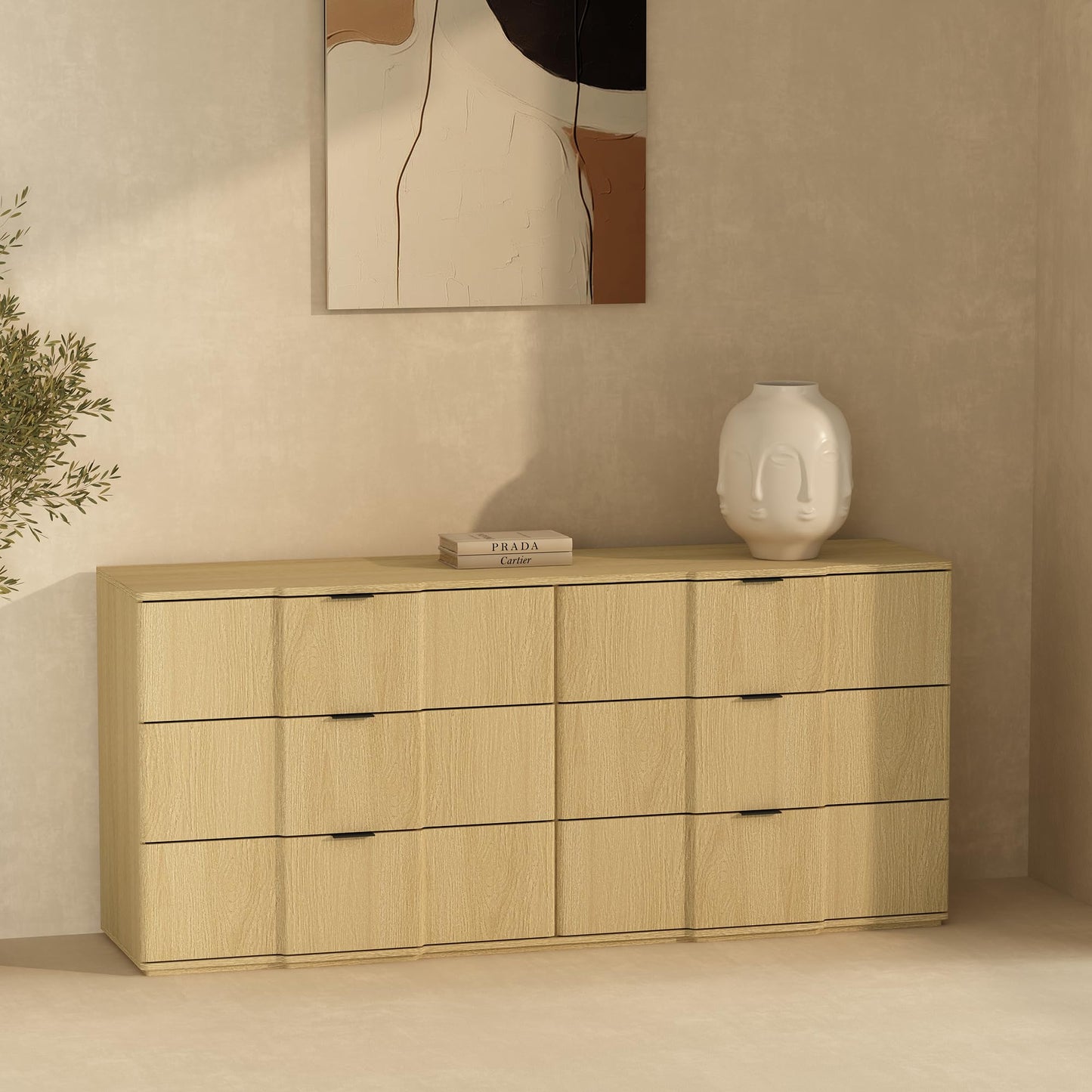 Manhattan Comfort Clive 72” Modern 6 Drawer Dresser, Wide Chest of Drawers with Sculpted Fluted Front & Accent Recessed Handles, Doubles as 70” TV Stand, Natural Oak