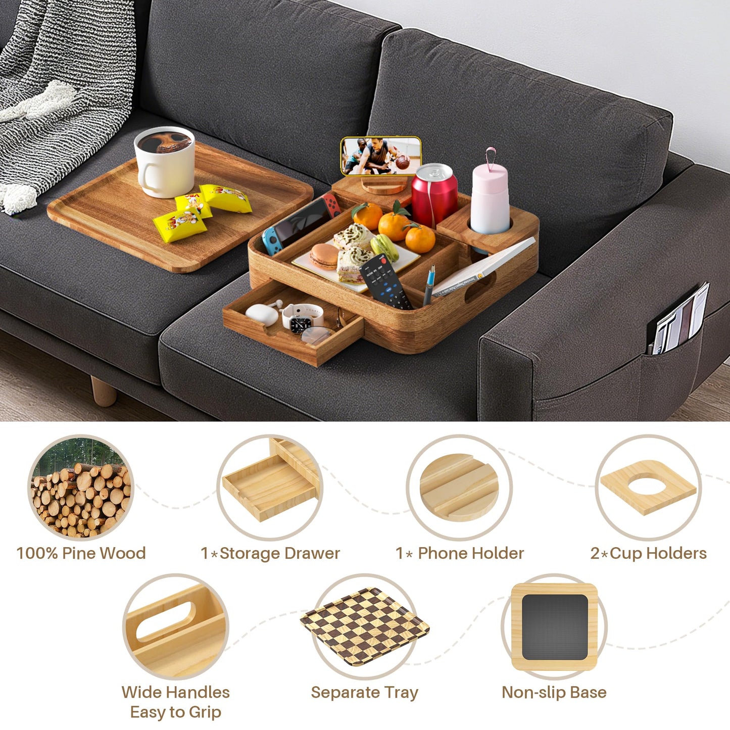 Couch Cup Holder, Couch Tray Cup Holder Sofa Tray, Acacia Wood Large Capacity 2-Tier Wooden Trays with Drawer for Sofa, Bed, Picnic, Drinks, Snacks, Remote, Cell Phone 12.5 * 12.5 in
