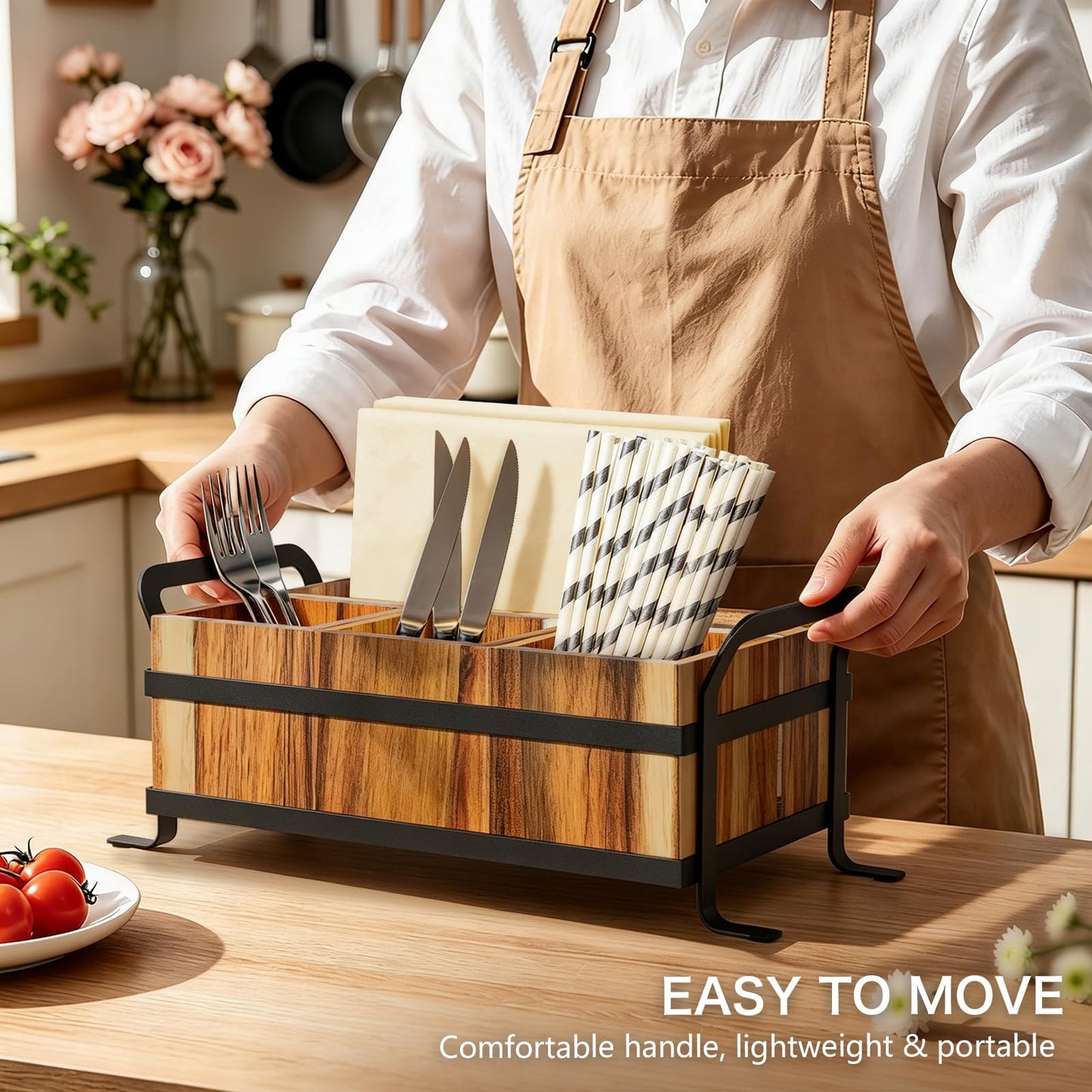 Vorisebo Acacia Wood Silverware Caddy, 4 Compartment Wooden Utensil Caddy for Party, Countertop Cutlery Flatware Paper Plate Dispenser for Spoons, Forks, Fits 10-Inch Plates