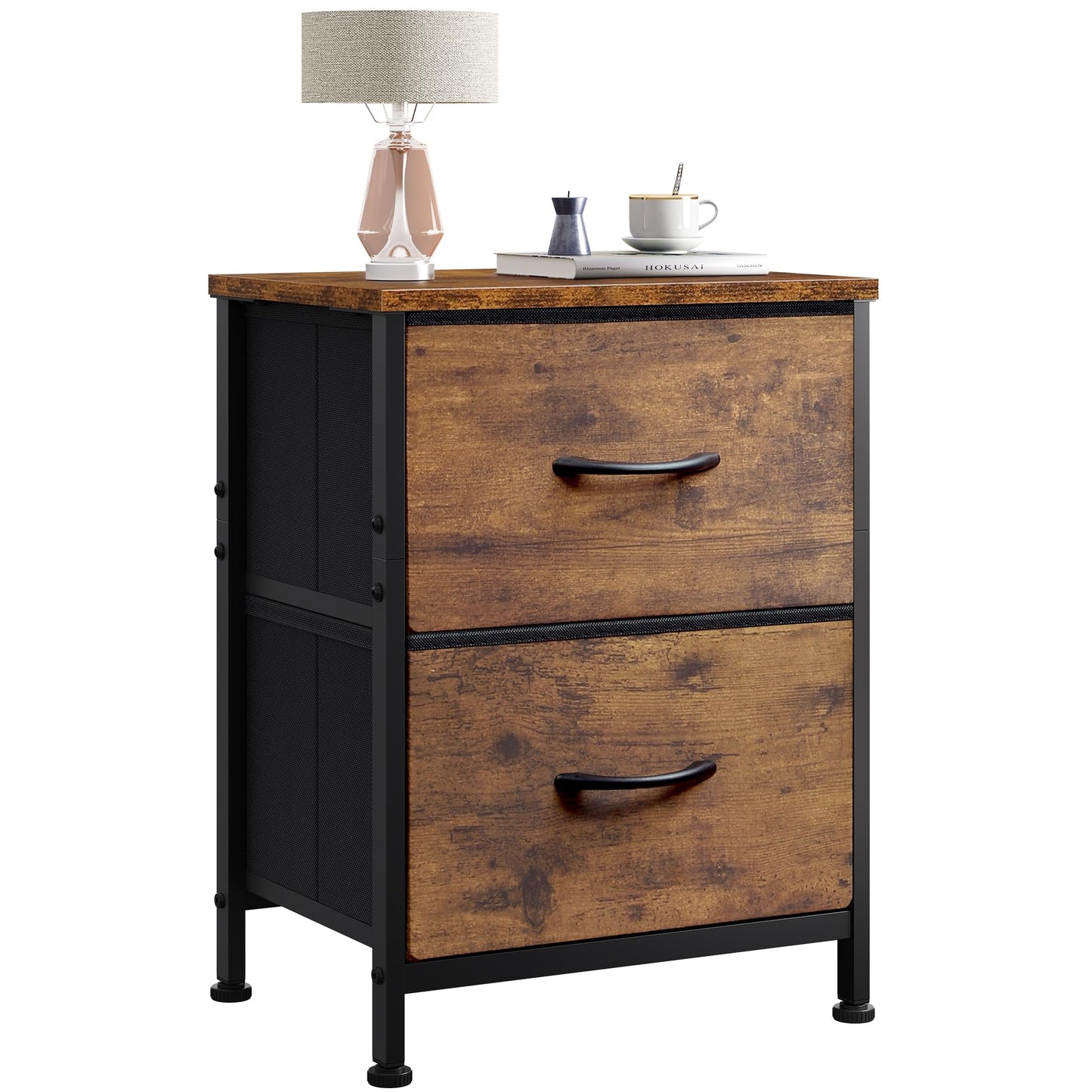 WLIVE Night Stand, Small Dresser with 2 Drawers & Wooden Top, Nightstand with Fabric Bins, Bedside Table End Table for Bedroom, Closet, Entryway, College Dorm, Rustic Brown