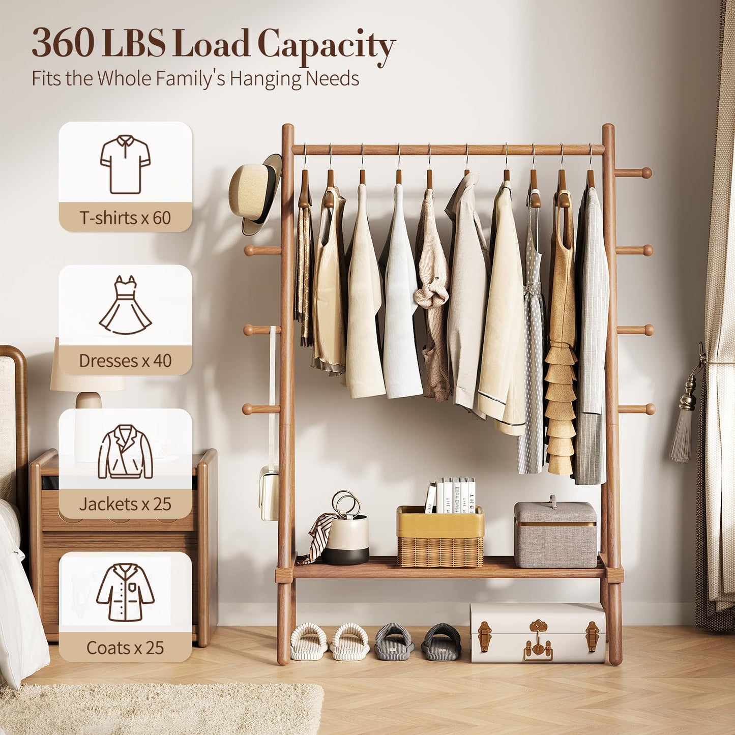 Yoobure Solid Wood Clothes Rack - Heavy Duty Clothing Racks for Hanging Clothes with 8 Hooks, Portable Garment Rack for Dress Shirt Shoe, Freestanding Wardrobe Coat Racks with Shelf for Closet Bedroom