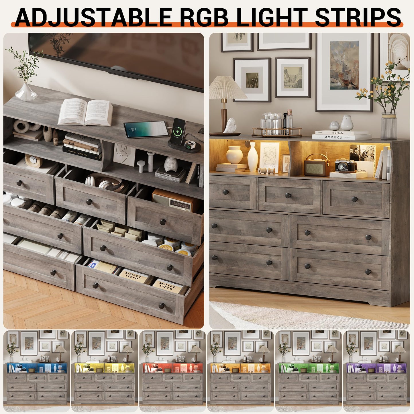 IDEALHOUSE Dresser for Bedroom with 7 Drawers, LED Lights & Charging Station, Wooden Chest with 2 Open Compartments, Freestanding Storage Organizer for Closet, Nursery, Entryway, Light Brown