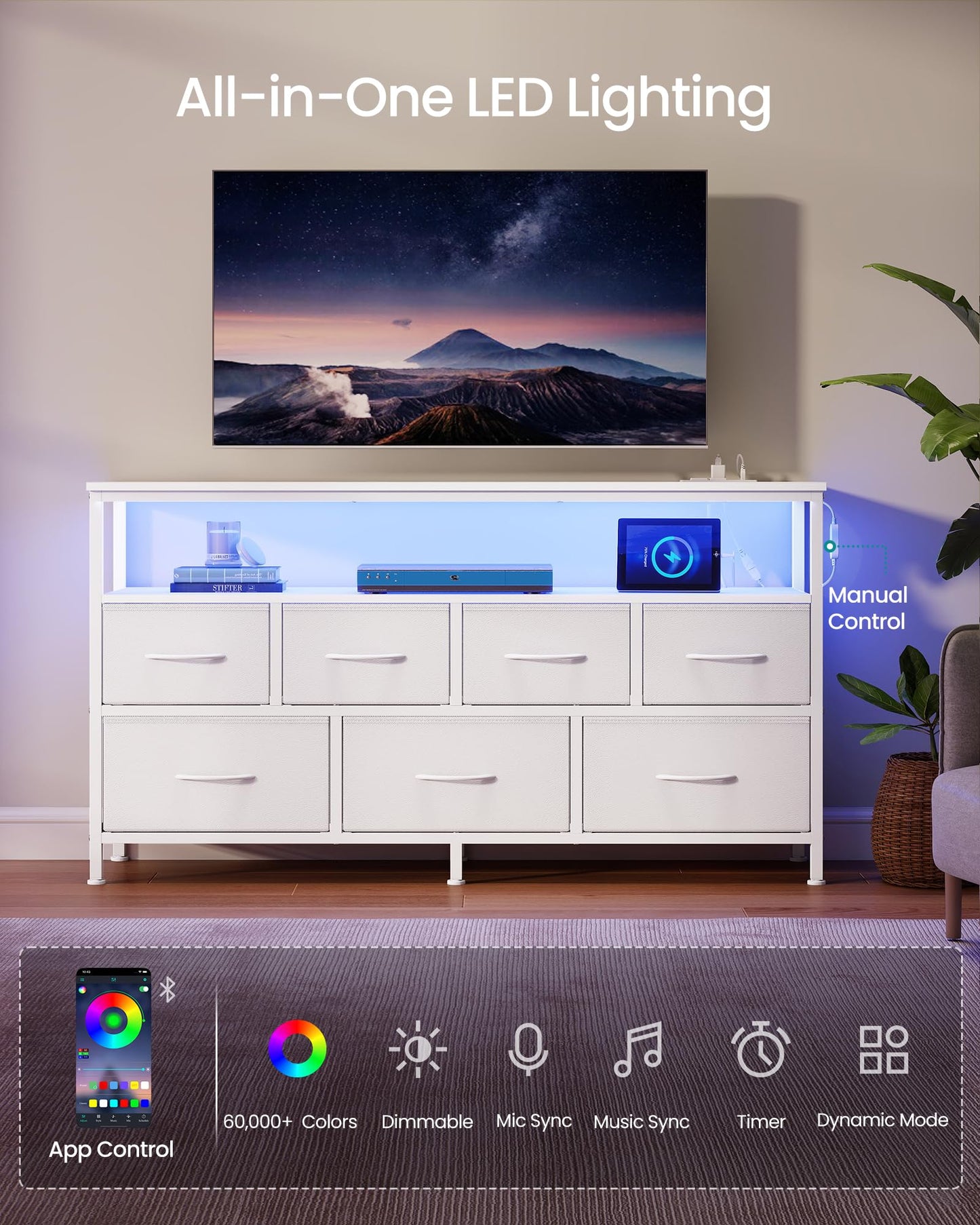 SONGMICS BELLAH Collection - Dresser for Bedroom with App-Controlled LED Lights and Charging Station, Chest of Drawers, TV Stand, 7 Drawers, Shelf, Modern, Cloud White ULGS733WH05S