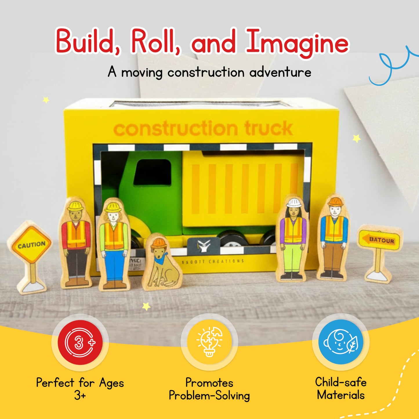 Jack Rabbit Creations- Construction Crew Magnetic Truck- 8 Piece Wooden Playset- Includes Dump Truck, Traffic Signs, Dog and Construction Workers-Motor Skills Toy- Toddlers 3+