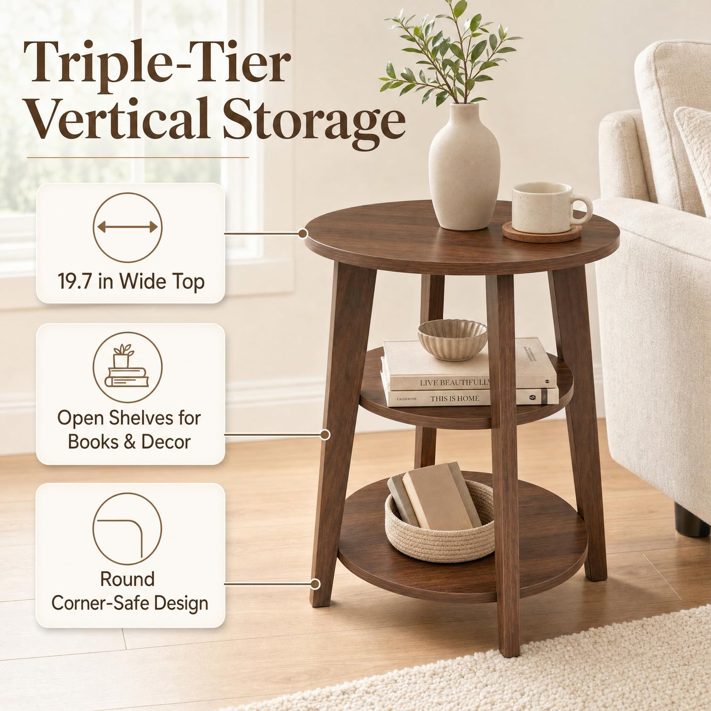 DURISEN 3-Tier Round Side Table,23.6" Tall End Table with Storage Shelves