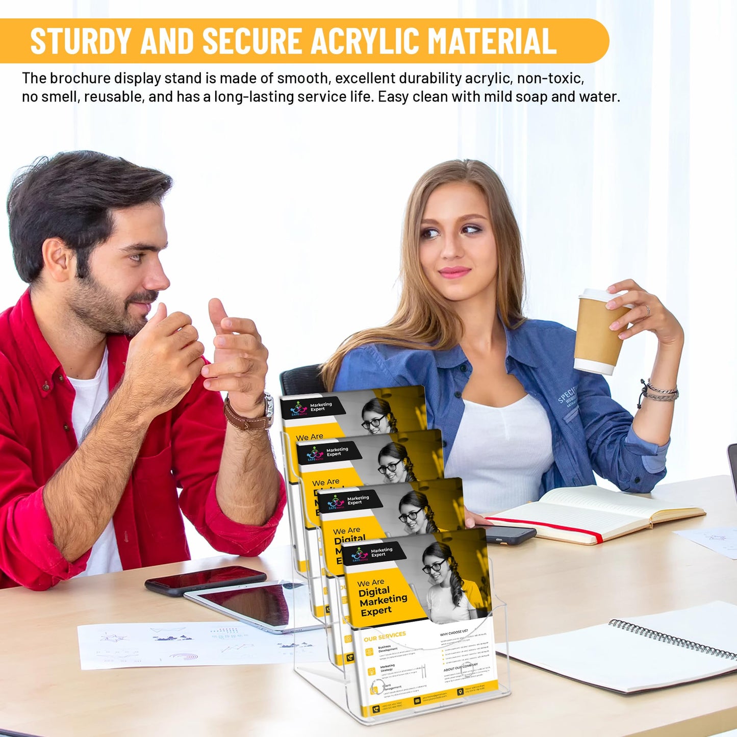 SafeWayss Acrylic Brochure Holder 8.5 x11”, 4 Tier Clear Literature Magazine Stand with Removable Divider for 4 x 9 Pamphlet Display Brochure with Business Card Holders- Wall Mount & Countertop