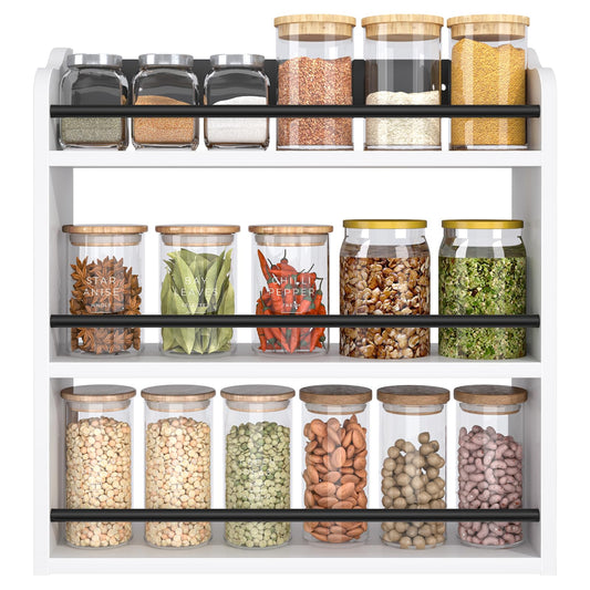 BCOZLUX 3 Tier Wooden Spice Rack, Seasoning Jars Rack Shelf Spice Organizer for Countertop or Wall Mount, Vertical Spice Holder for Kitchen Counter, Cabinet, Pantry, White
