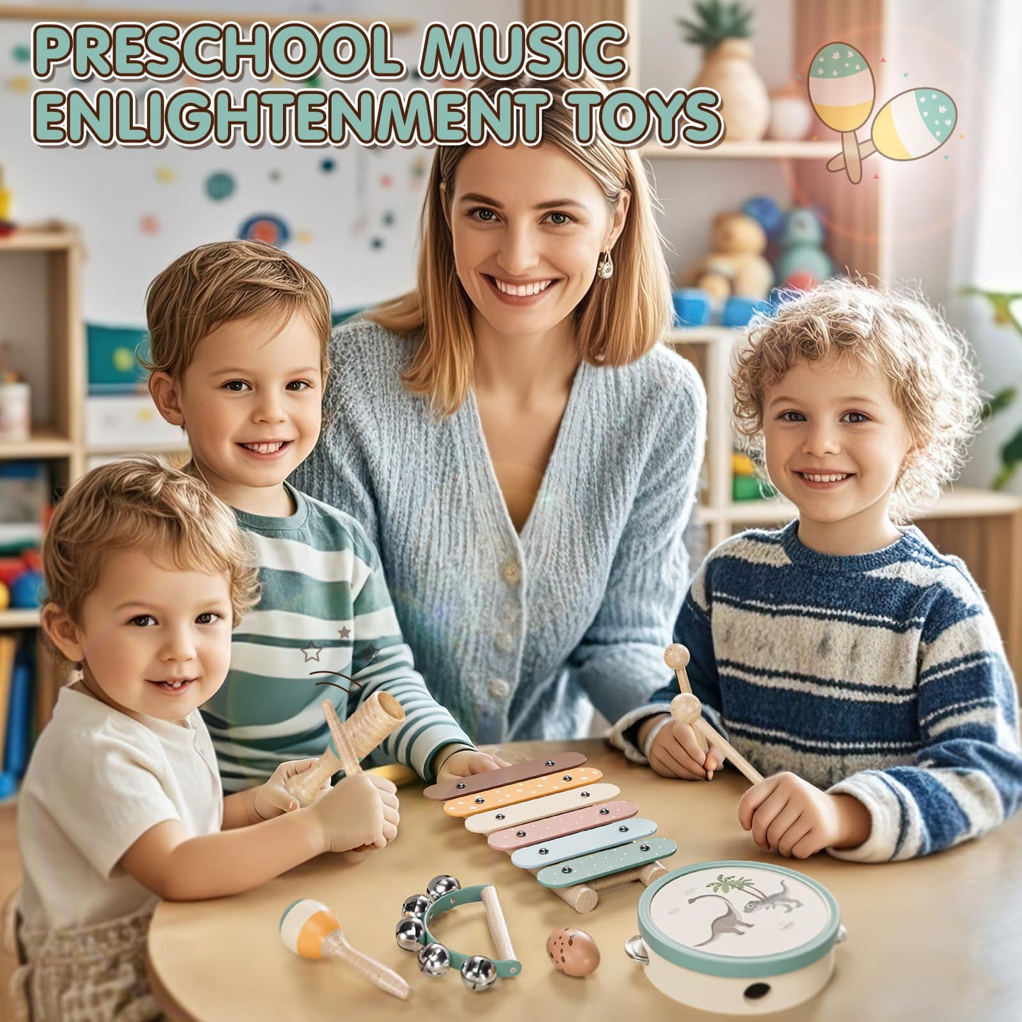 Baby Musical Instruments for Toddlers 1-3, Montessori Wooden Toys for 1 Year Old, Xylophone Maracas Percussion Set with Storage Bag, Learning Toys for Boys Girls Age 2-4, Christmas Birthday Gift