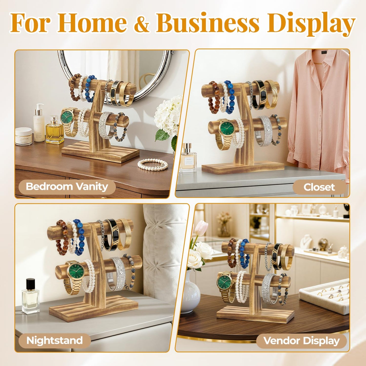 EsLuker.ly Bracelet Holder Display Wooden Stand Organizer, T Bar Bangle Storage Rack for Home Vendors Business Selling, Large Capacity 2 Tier Jewelry Tree Tower for Watches, No Clutter, Rustic Brown