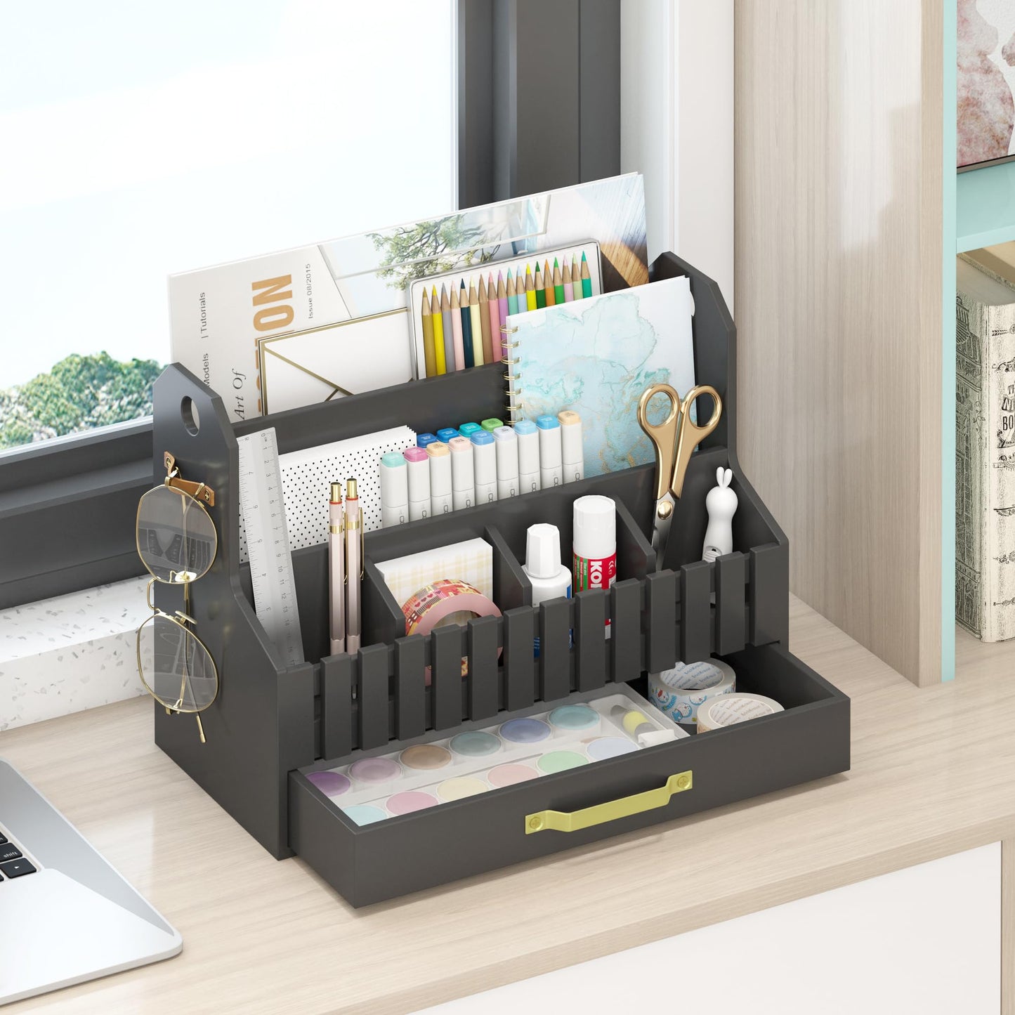 Bamboo Mail Organizer Countertop with Drawers, Wood Desk File Organizer Desktop Paper Organization Storage Bill & Letter Sorter Holder for School Home Office Supplies, No Assembly Required (Black)