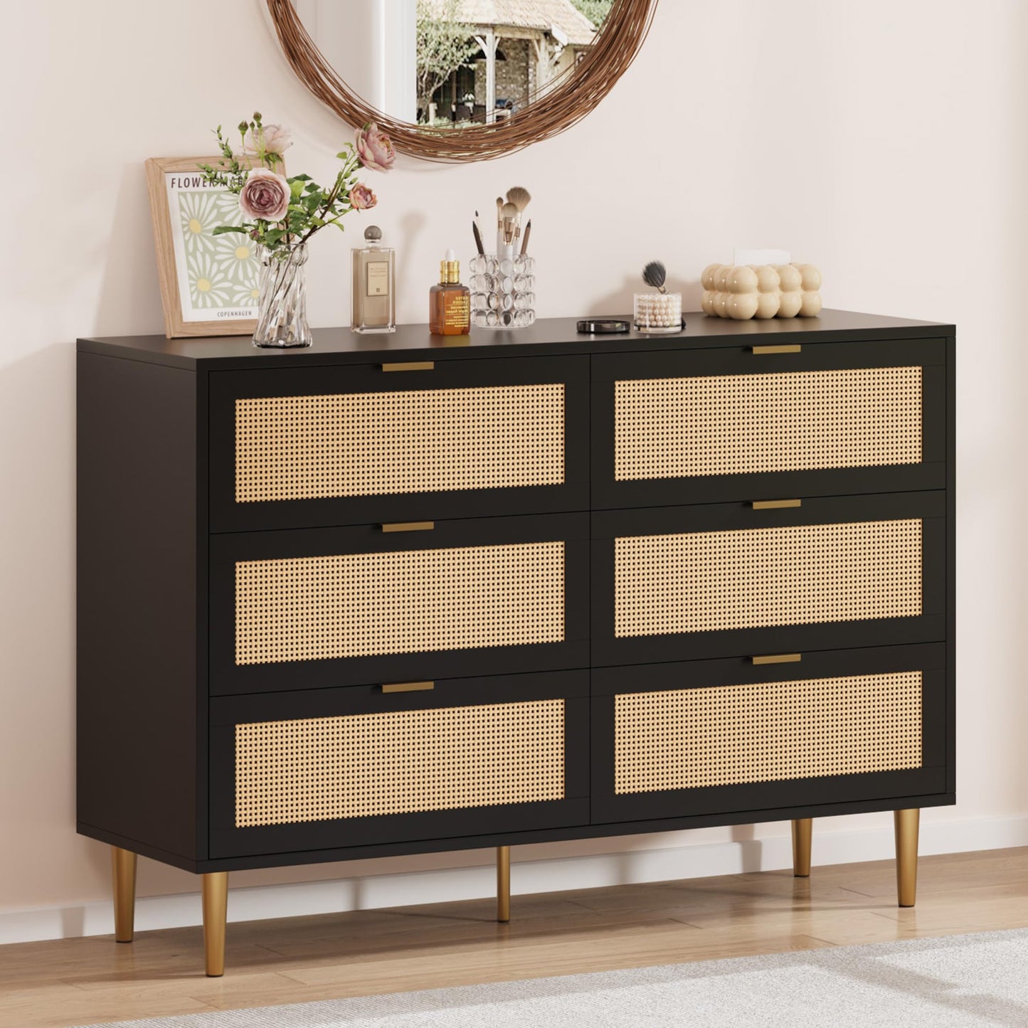 Garvee Rattan 6 Drawer Dresser, 42.5''W Wood Dresser, Chest of Drawers with Gold Legs and Handles, Double Dressers with Large Tabletop and Anti-Tipping Design for Bedroom, Black