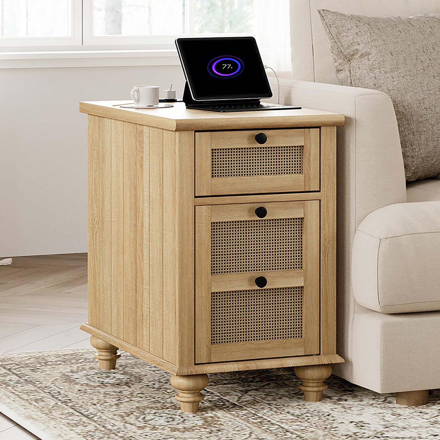 WAMPAT Farmhouse End Table with Charging Station, Rattan Side Table with Drawer & Storage Cabinet, Wooden Oak Nightstand with Power Outlets & USB Ports for Living Room, Bedroom, Burlywood